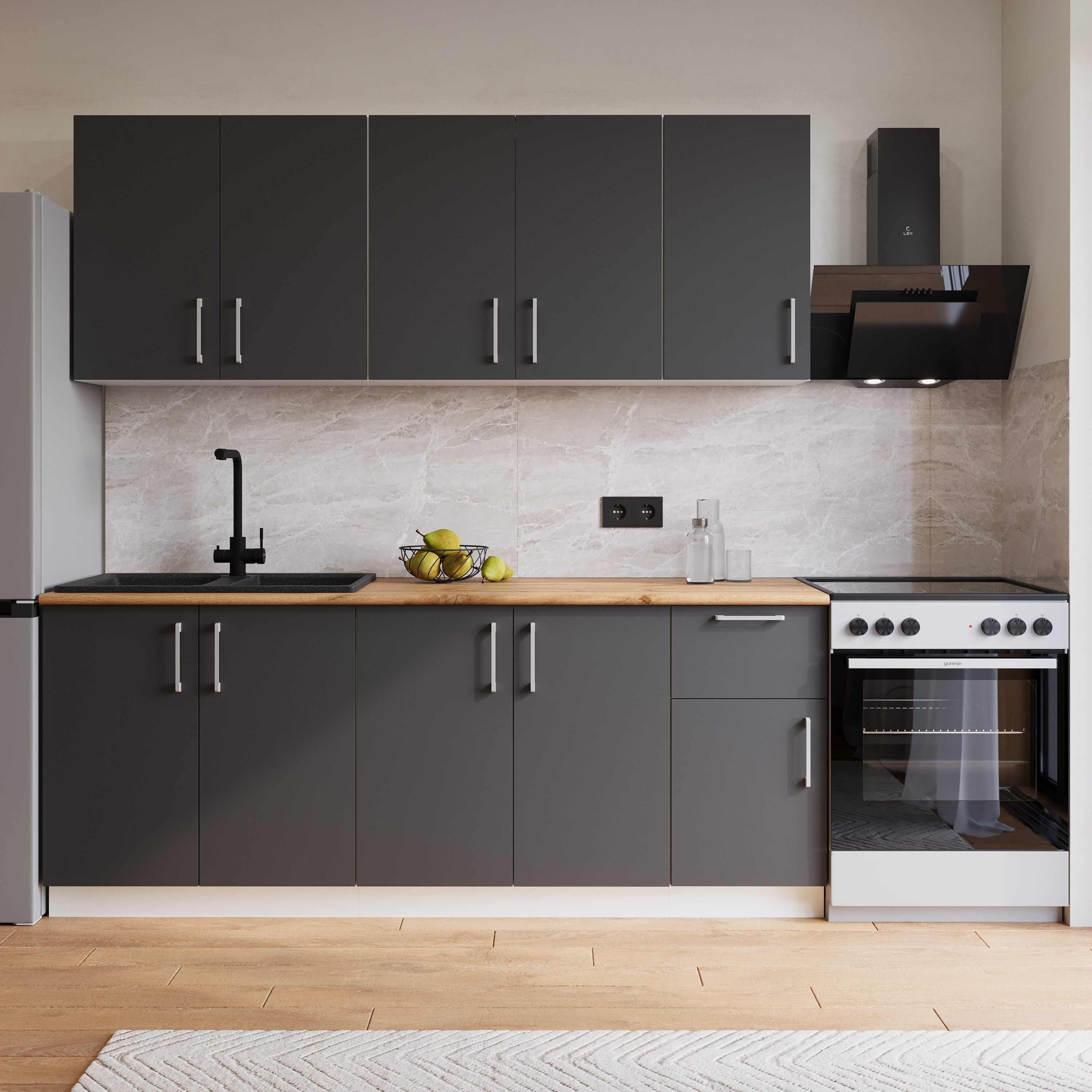 Кухонный гарнитур Domaci Болонья 260 см, фасад графит, ручка хром, столешница дуб вотан KUH-1008173