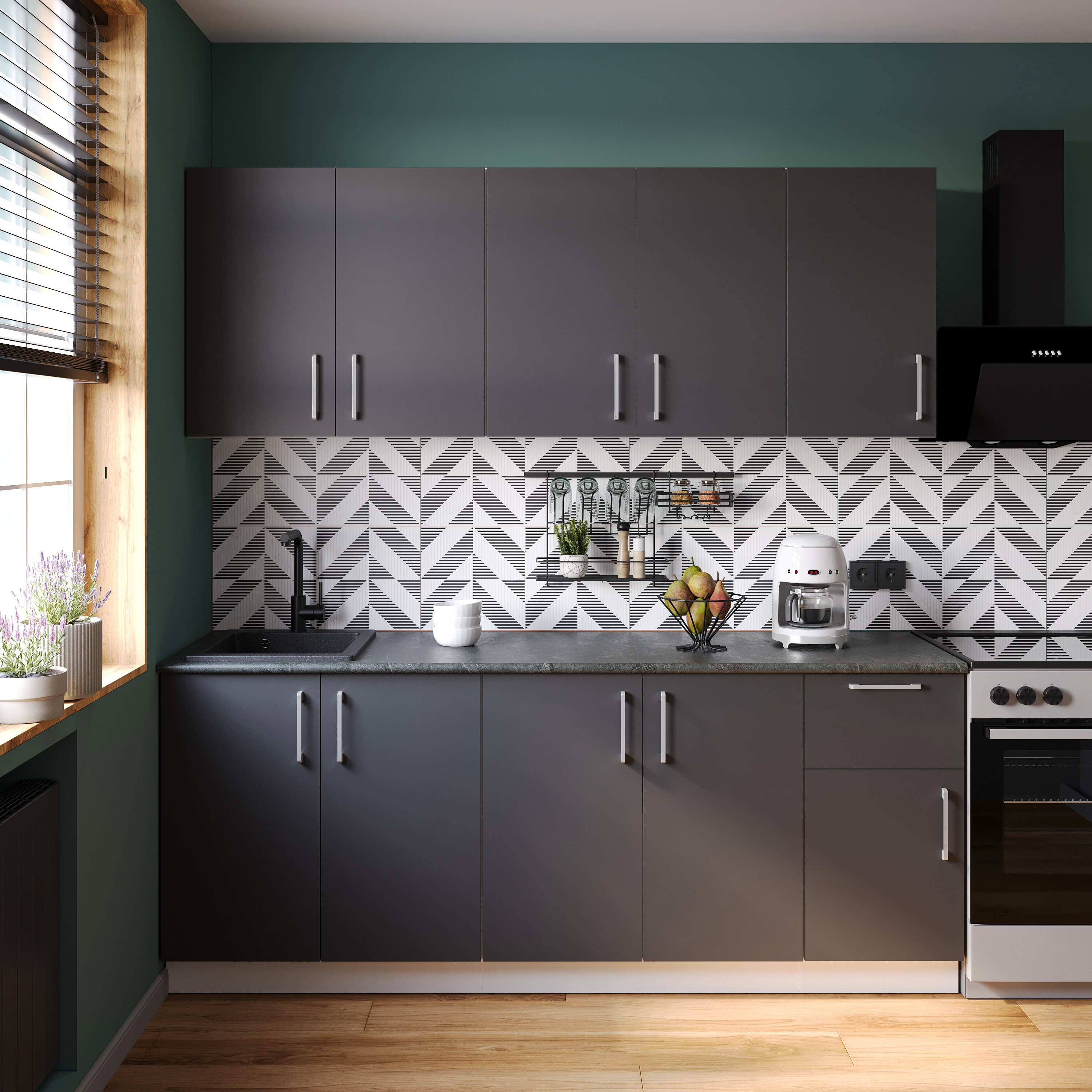 Кухонный гарнитур Domaci Болонья 260 см, фасад графит, ручка хром, столешница луна KUH-1008225