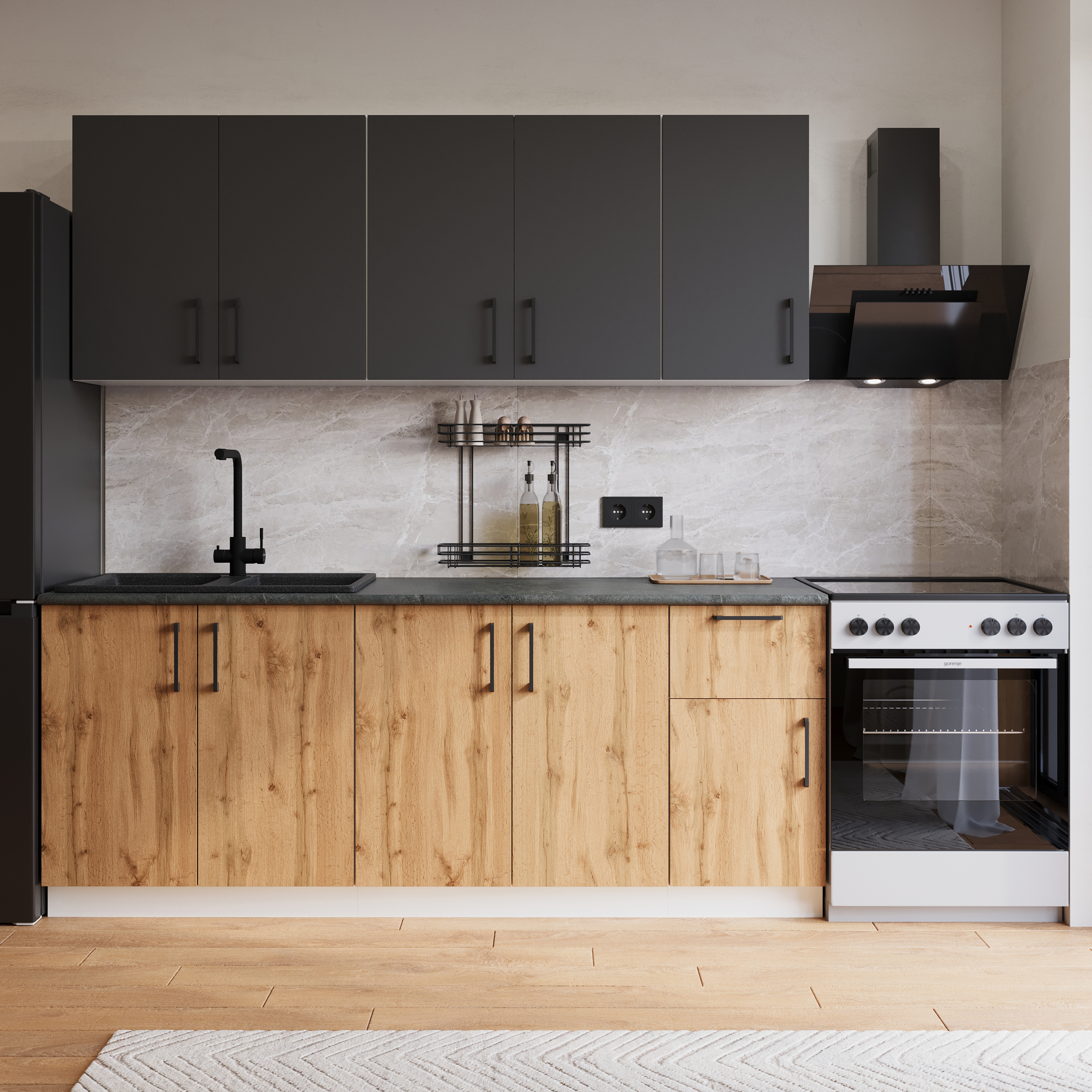 Кухонный гарнитур Domaci Болонья 260 см, фасад дуб вотан, графит, ручка черная, столешница луна KUH-1008247