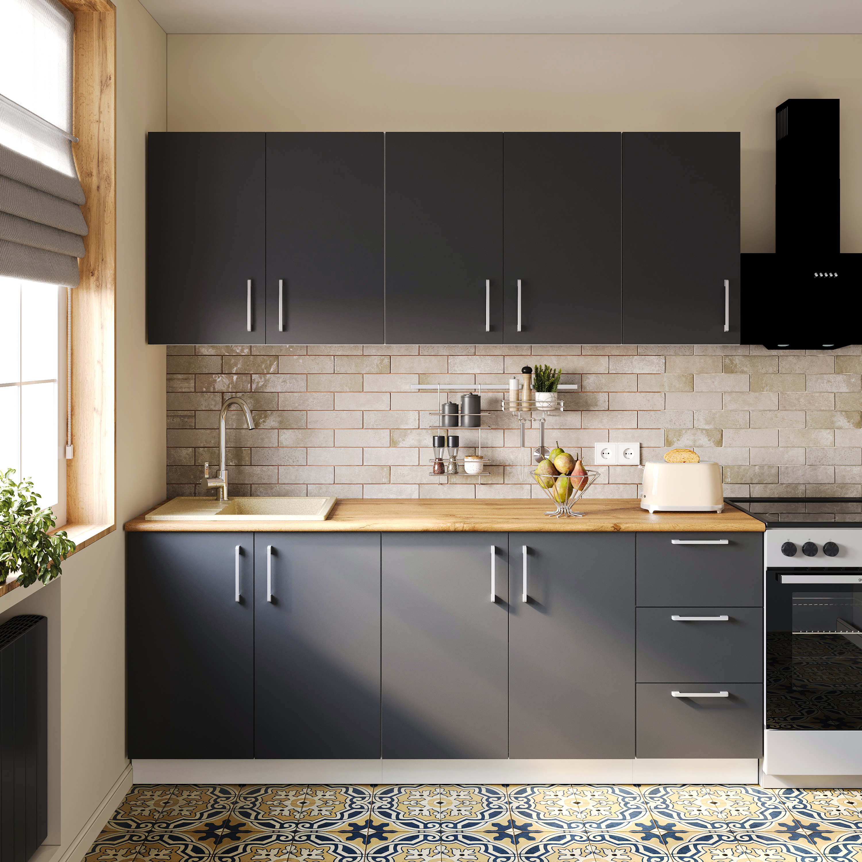 Кухонный гарнитур Domaci Болонья 260 см, фасад графит, ручка хром, столешница дуб вотан KUH-1008391