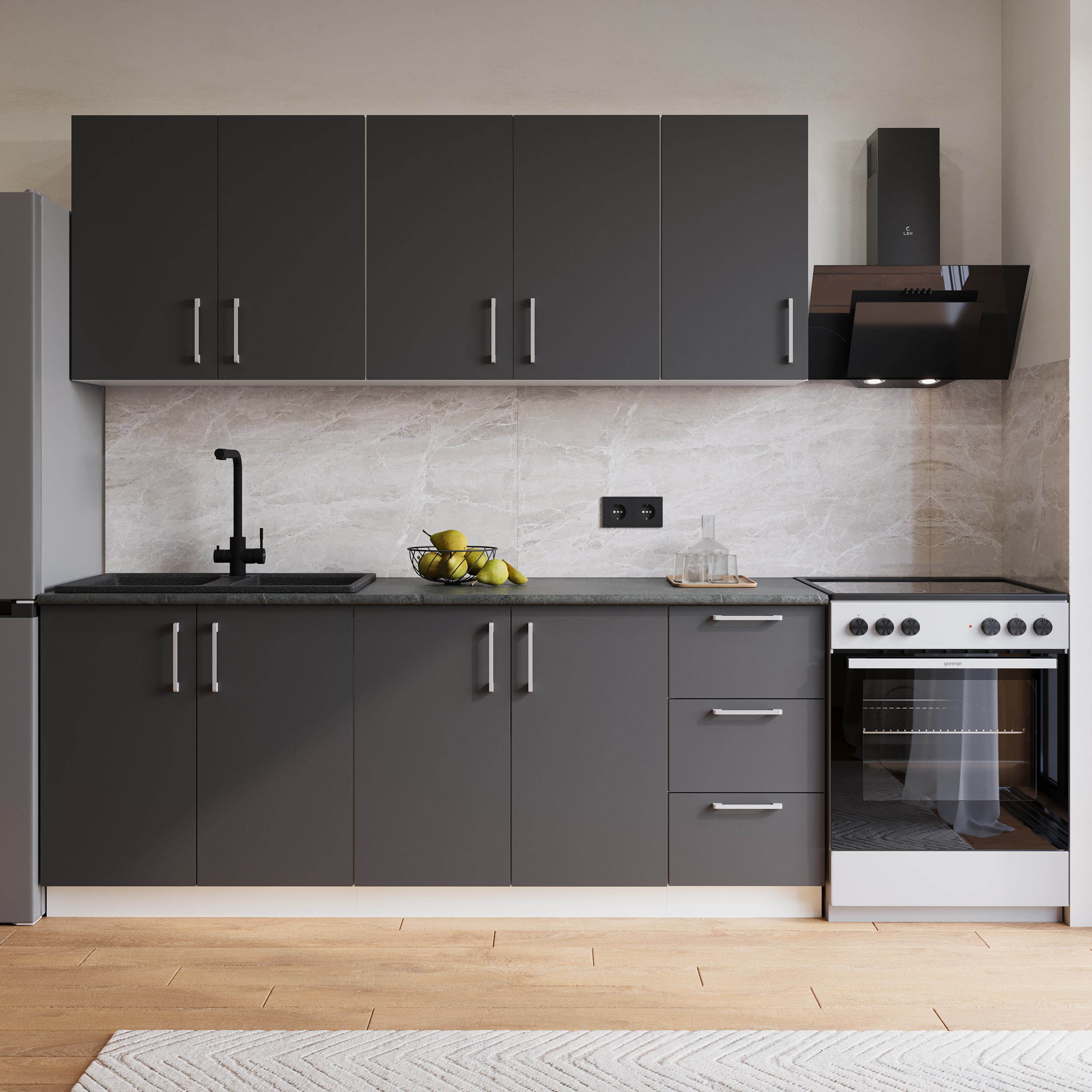 Кухонный гарнитур Domaci Болонья 260 см, фасад графит, ручка хром, столешница луна KUH-1008392