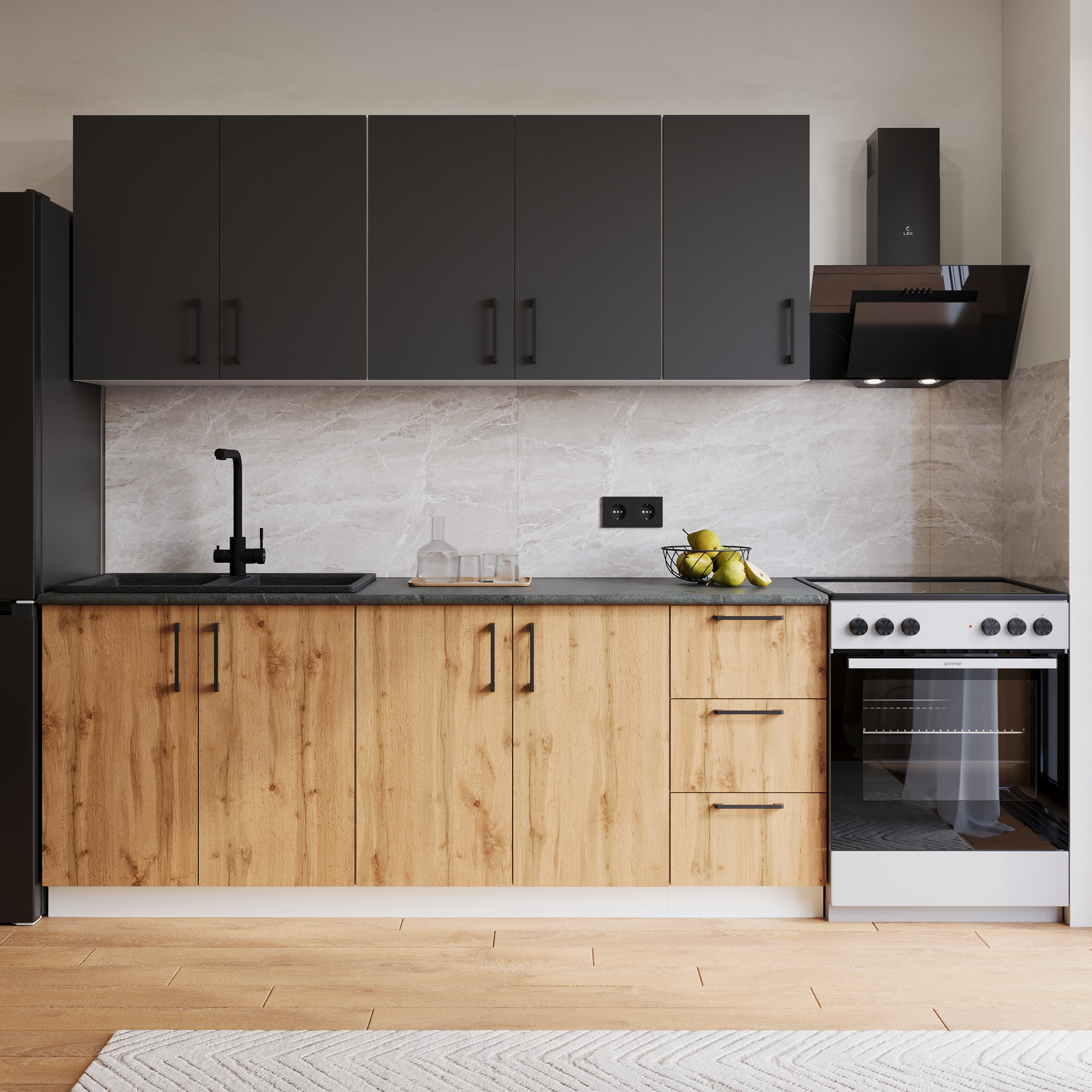 Кухонный гарнитур Domaci Болонья 260 см, фасад дуб вотан, графит, ручка черная, столешница луна KUH-1008781