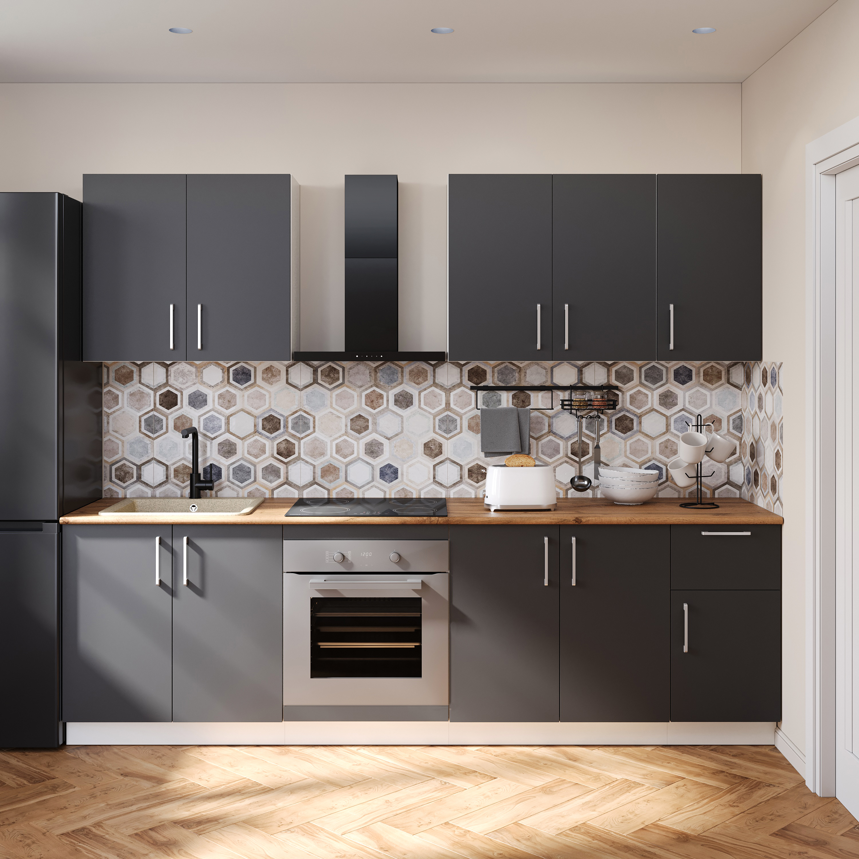 Кухонный гарнитур Domaci Болонья 260 см, фасад графит, ручка хром, столешница дуб вотан KUH-1008784