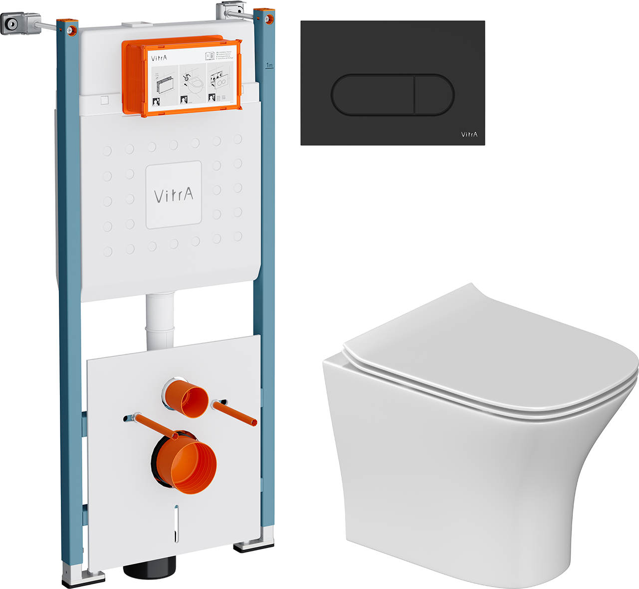 Комплект 3 в 1 Унитаз подвесной STWORKI Олланд S01401WH + Инсталляция VitrA V-Fix Core 732-5800-01PV + Кнопка Root Round 740-2211 цвет матовый черный