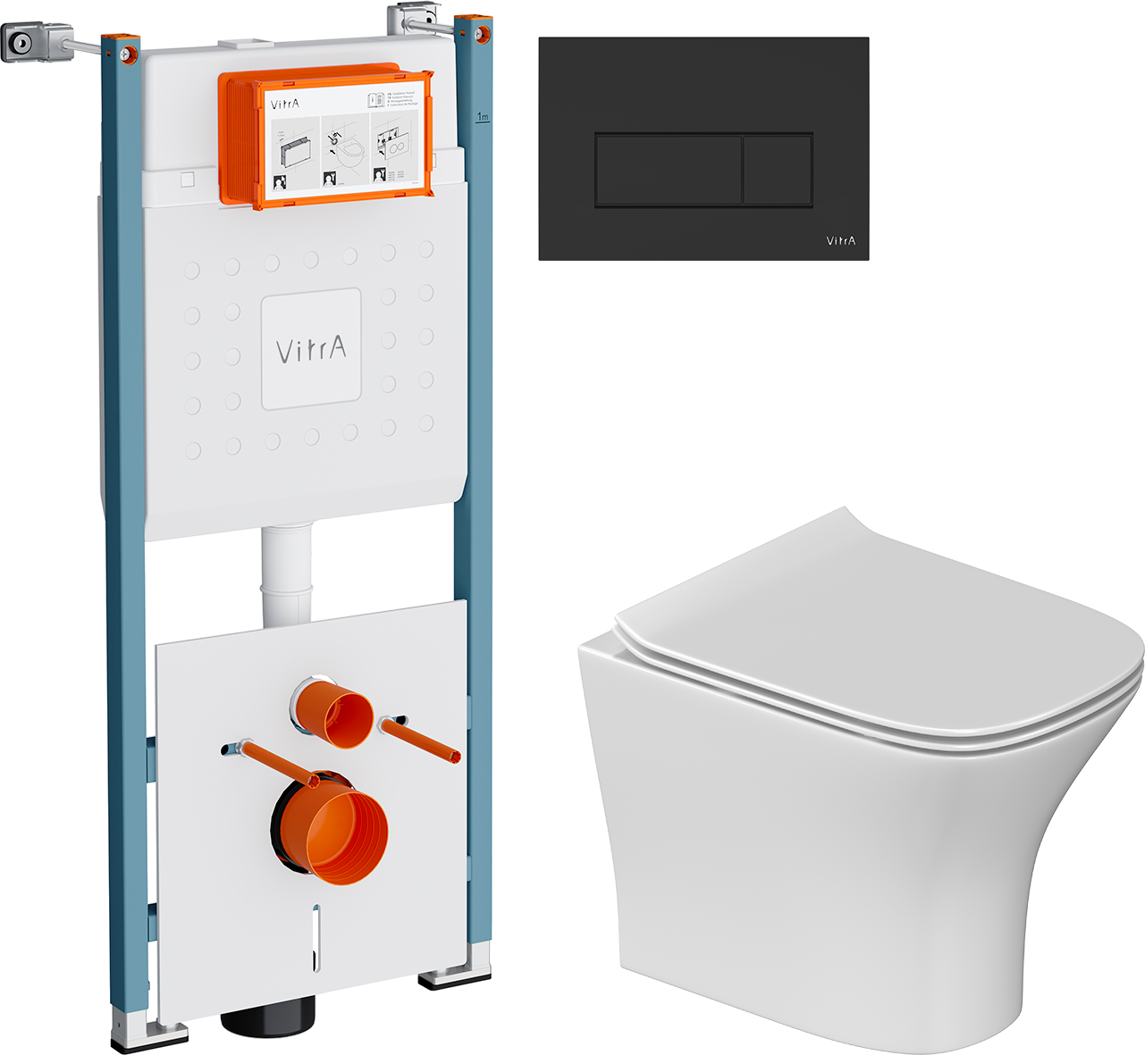 Комплект 3 в 1 Унитаз подвесной STWORKI Олланд S01401WH + Инсталляция VitrA V-Fix Core 732-5800-01PV + Кнопка Root Square 740-2311 цвет матовый черный