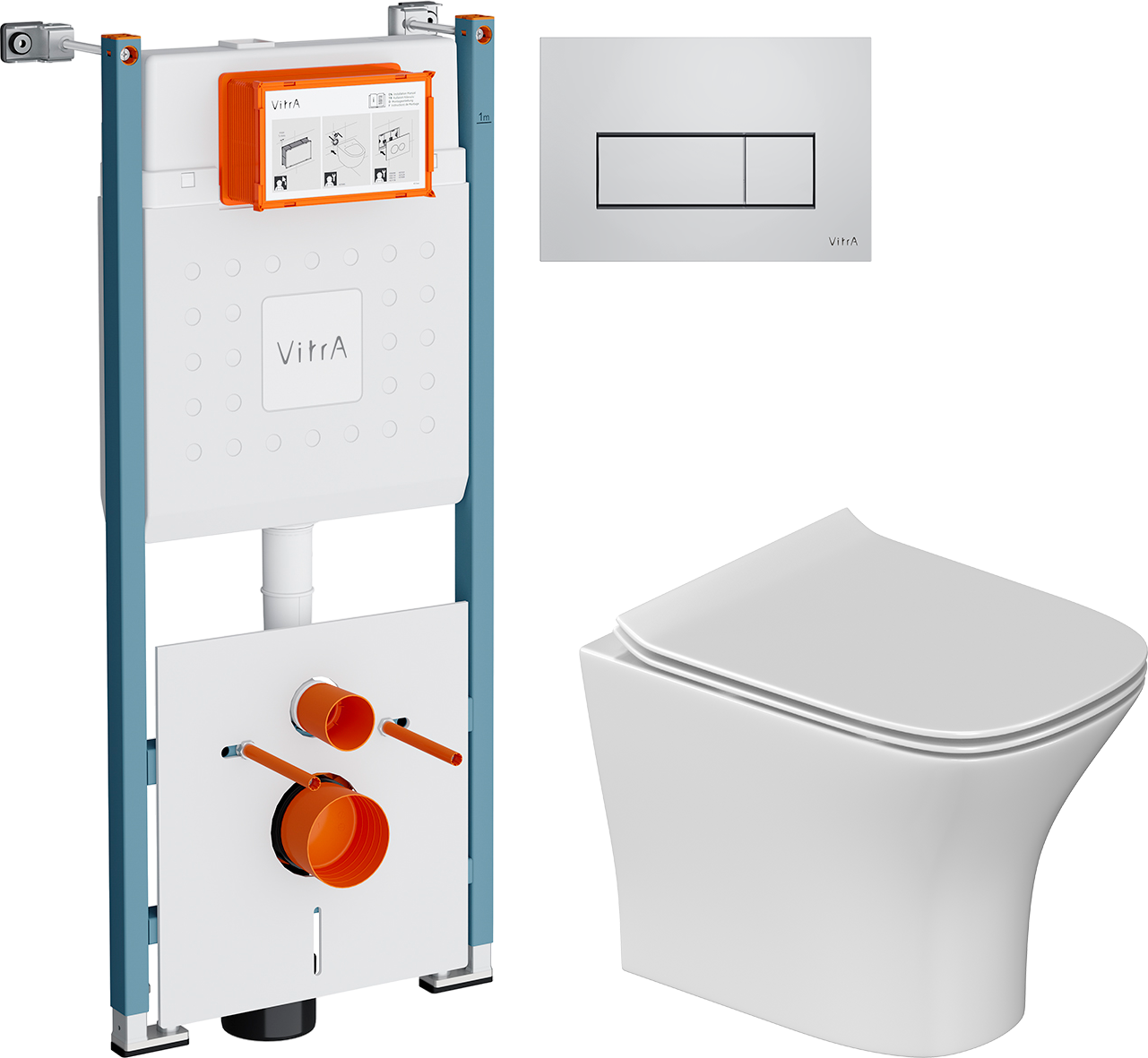 Комплект 3 в 1 Унитаз подвесной STWORKI Олланд S01401WH + Инсталляция VitrA V-Fix Core 732-5800-01PV + Кнопка Root Square 740-2380 цвет хром