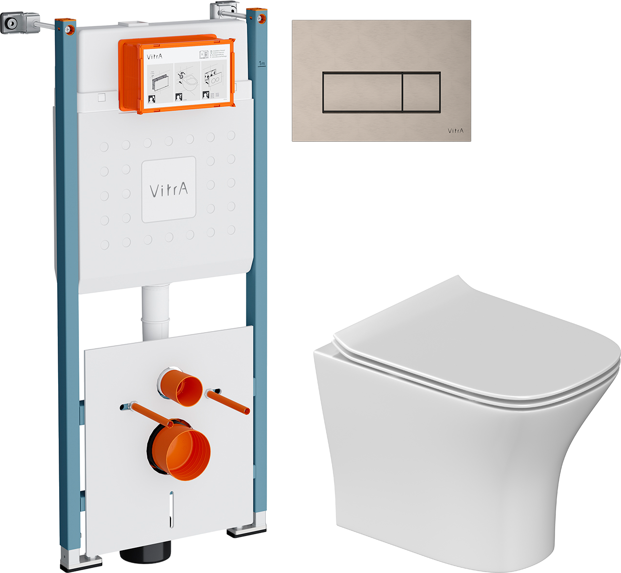 Комплект 3 в 1 Унитаз подвесной STWORKI Олланд S01401WH + Инсталляция VitrA V-Fix Core 732-5800-01PV + Кнопка Root Square 740-2395 цвет никель