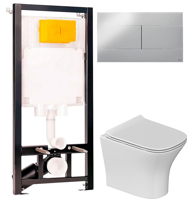 Комплект 5 в 1: Инсталляция OLI 80 ECO Sanitarblock mechanic + Унитаз подвесной STWORKI Олланд S01401WH + Сиденье с микролифтом + Кнопка хром + Комплект креплений