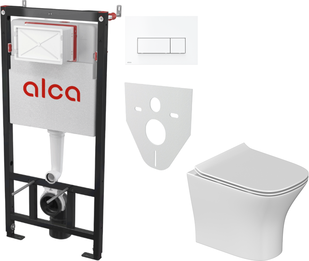 Комплект 5 в 1: Инсталляция AlcaPlast AM101/1120-4:1 M570-VE-01 + Унитаз подвесной STWORKI Олланд S01401WH + Сиденье с микролифтом + Кнопка белая + Комплект шумоизоляции, креплений