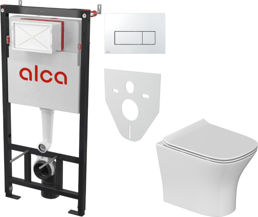Комплект 5 в 1: Инсталляция AlcaPlast AM101/1120-4:1 RU M571-0001 + Унитаз подвесной STWORKI Олланд S01401WH + Сиденье с микролифтом + Кнопка хром глянец + Комплект шумоизоляции, креплений