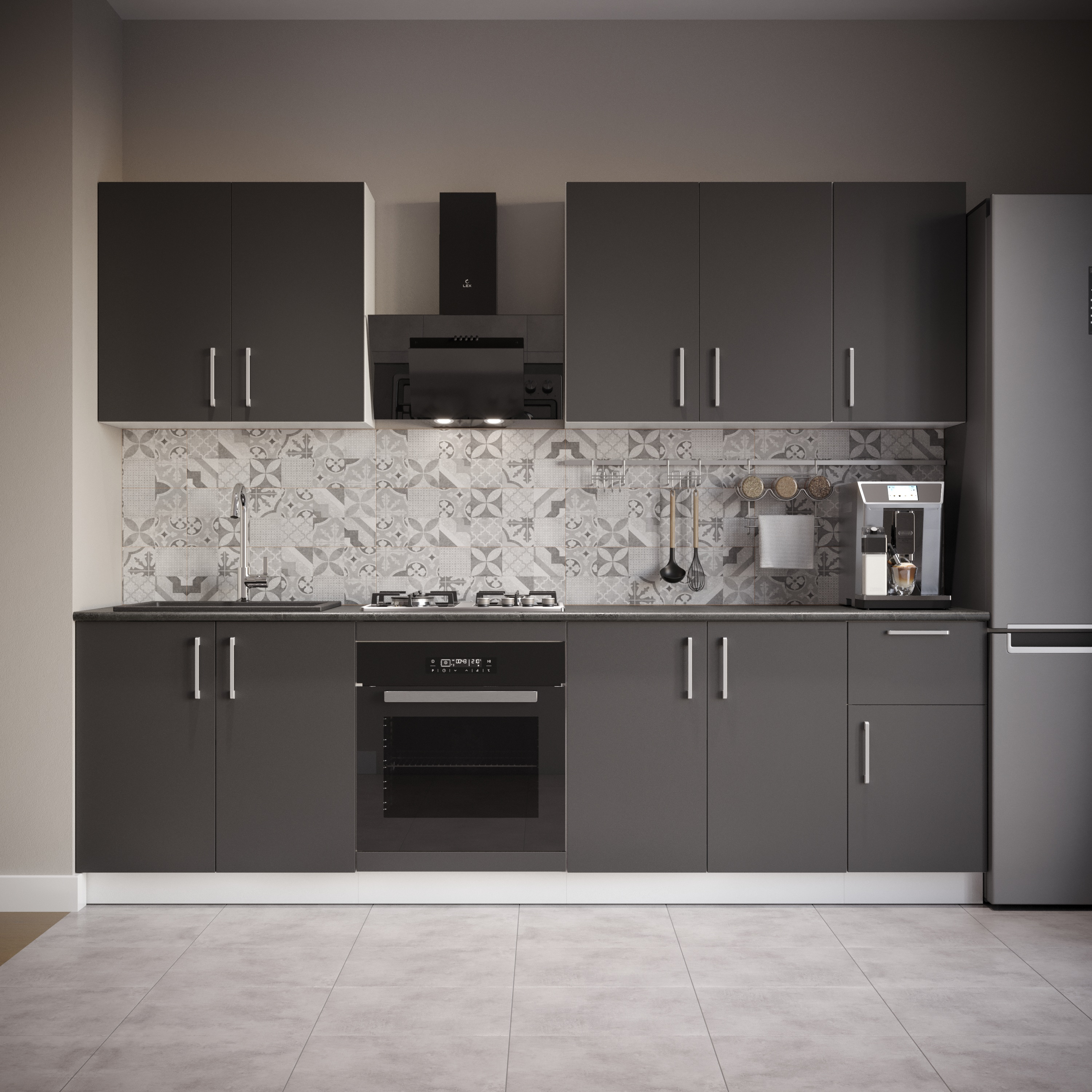 Кухонный гарнитур Domaci Болонья 260 см, фасад графит, ручка хром, столешница луна KUH-1008785