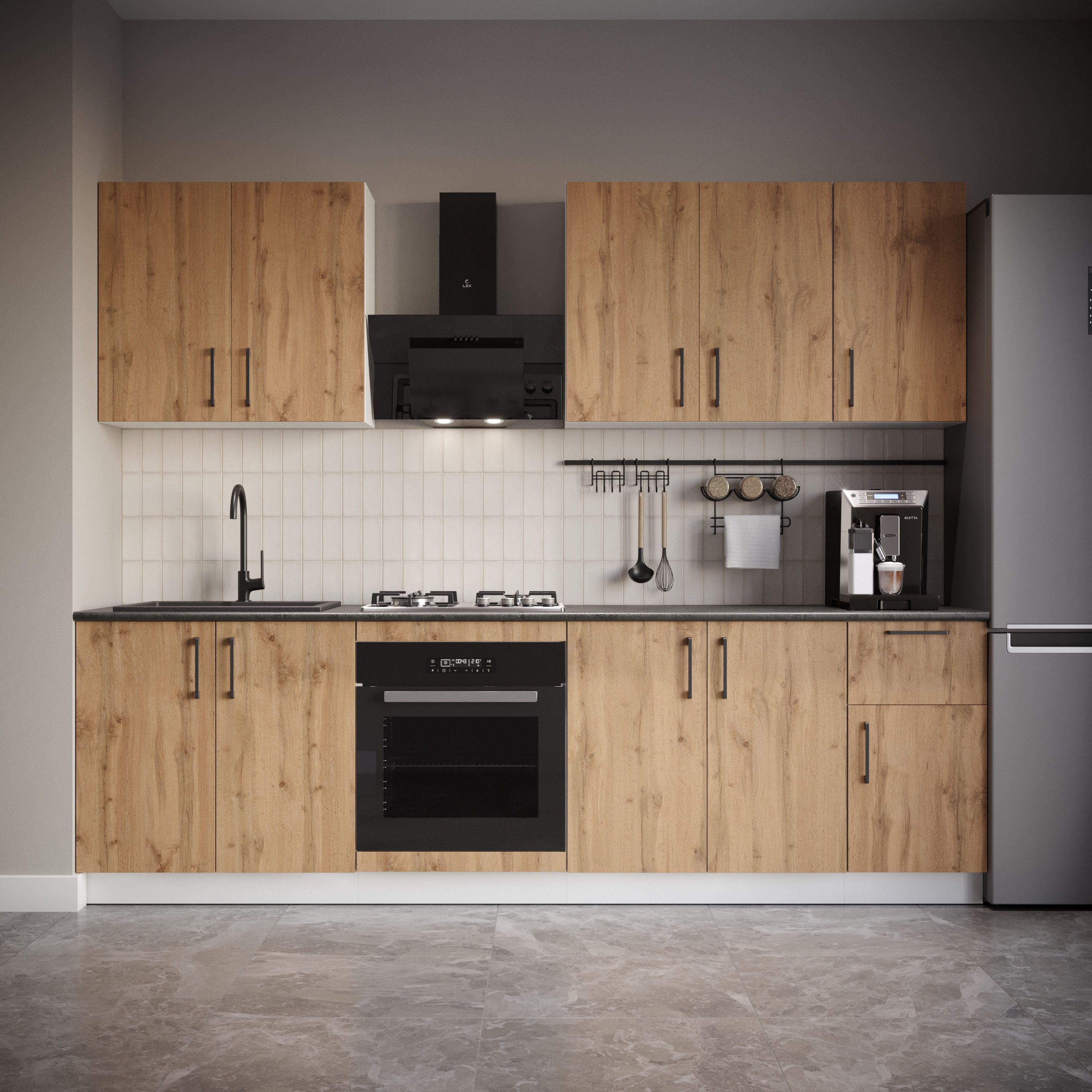 Кухонный гарнитур Domaci Болонья 260 см, фасад дуб вотан, ручка черная, столешница луна KUH-1008786