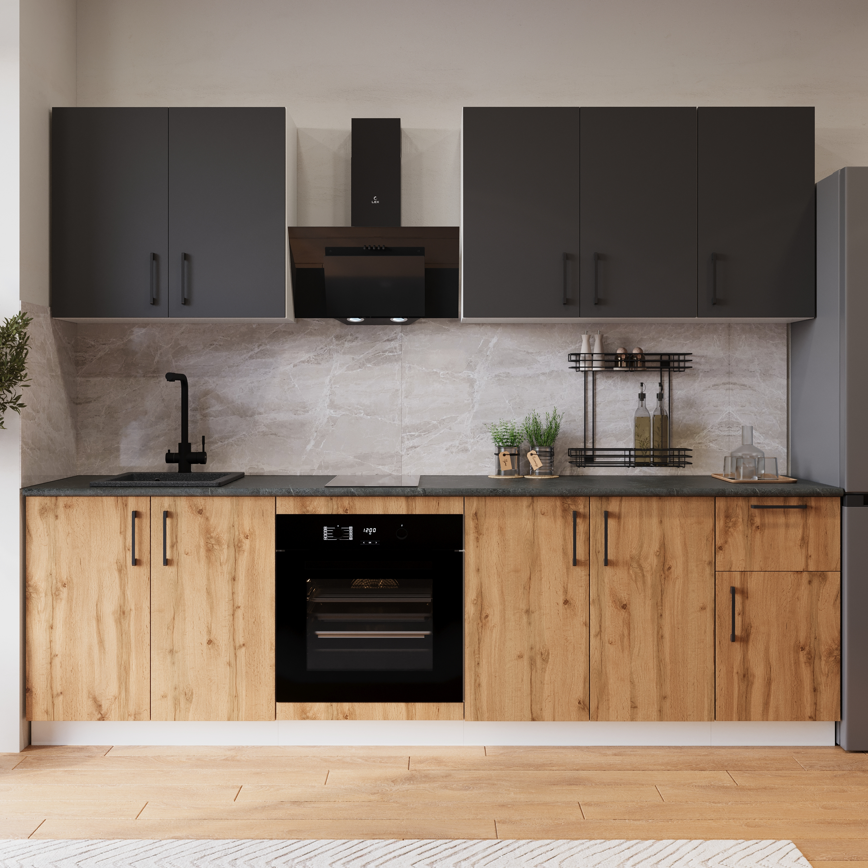 Кухонный гарнитур Domaci Болонья 260 см, фасад дуб вотан, графит, ручка черная, столешница луна KUH-1008789