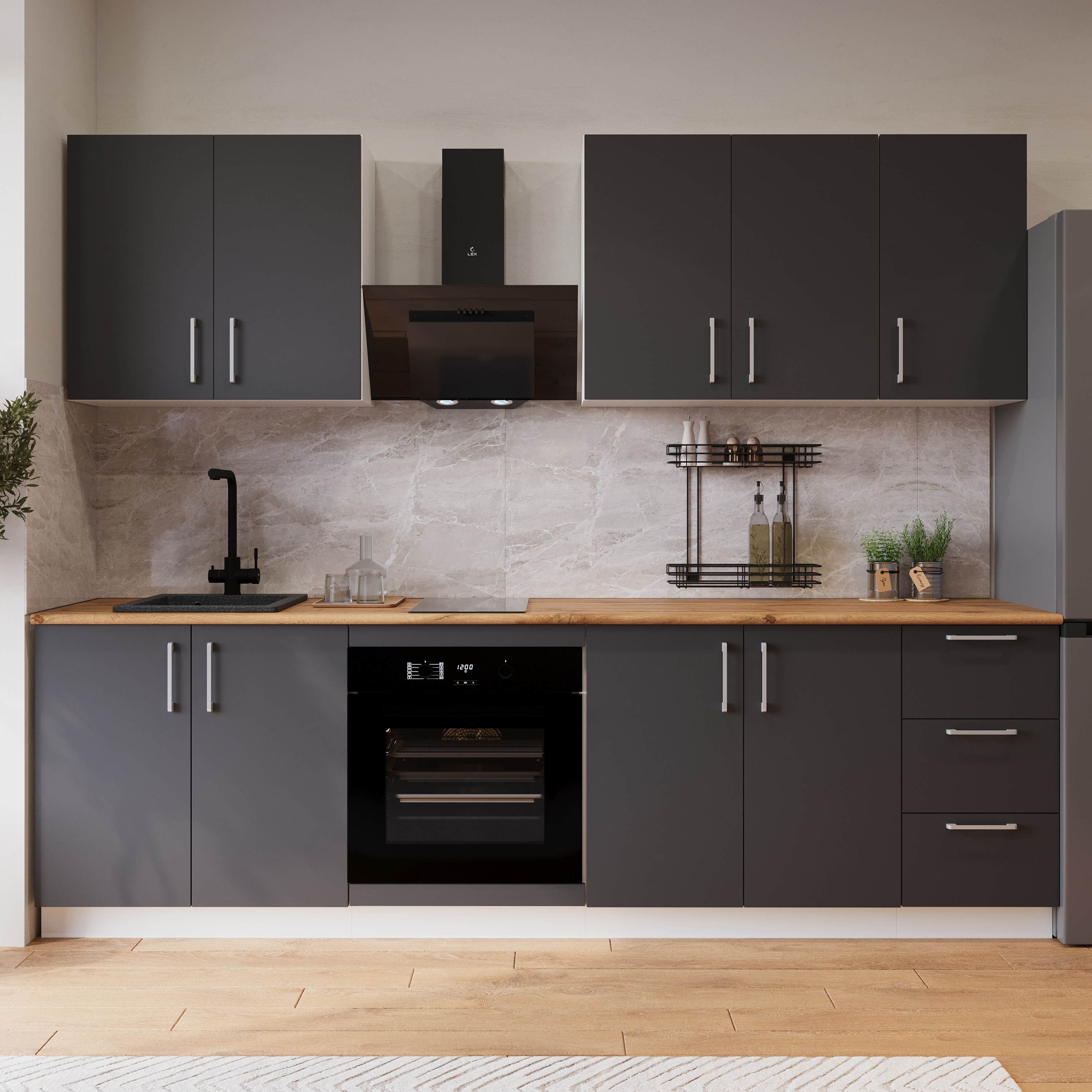 Кухонный гарнитур Domaci Болонья 260 см, фасад графит, ручка хром, столешница дуб вотан KUH-1008793