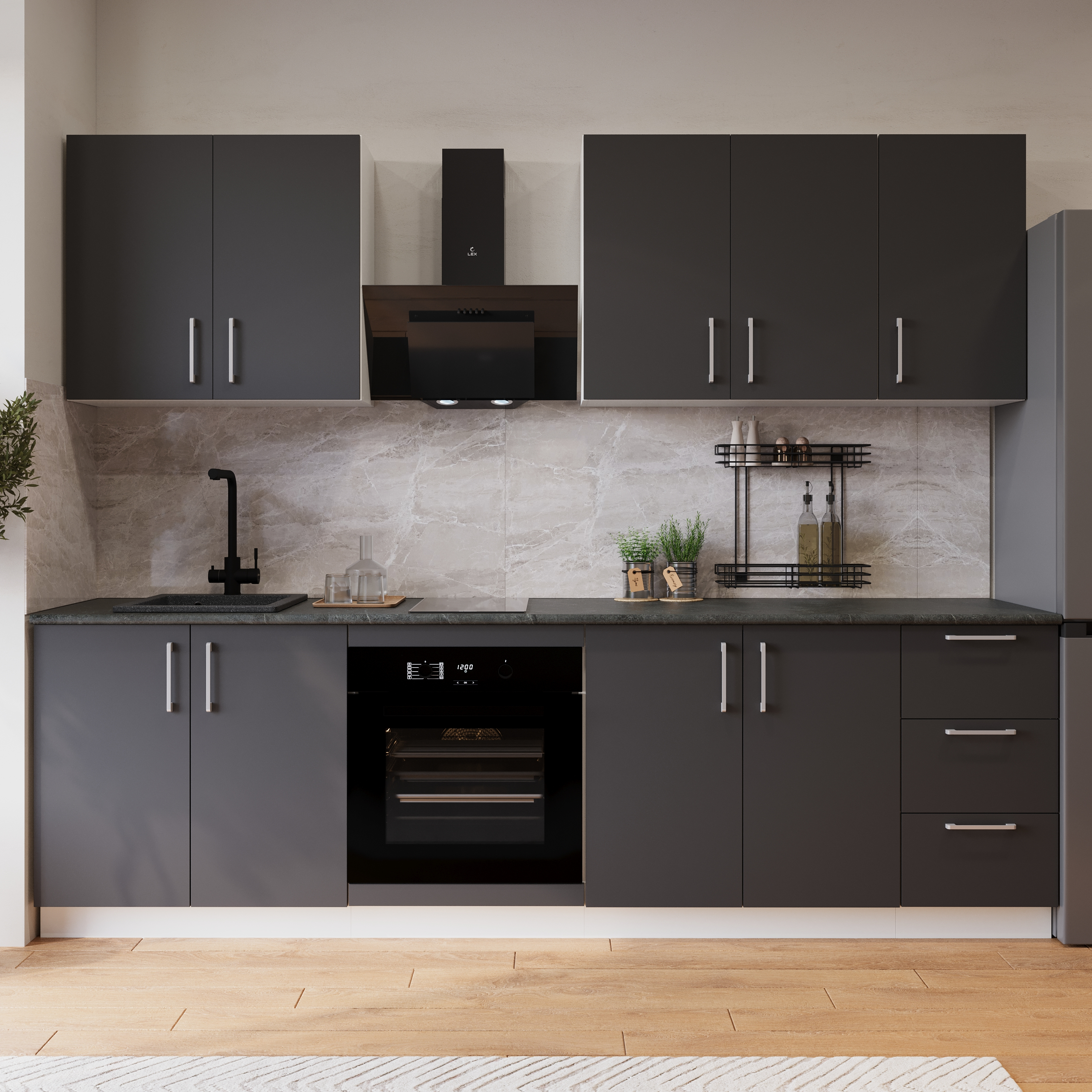 Кухонный гарнитур Domaci Болонья 260 см, фасад графит, ручка хром, столешница луна KUH-1008794