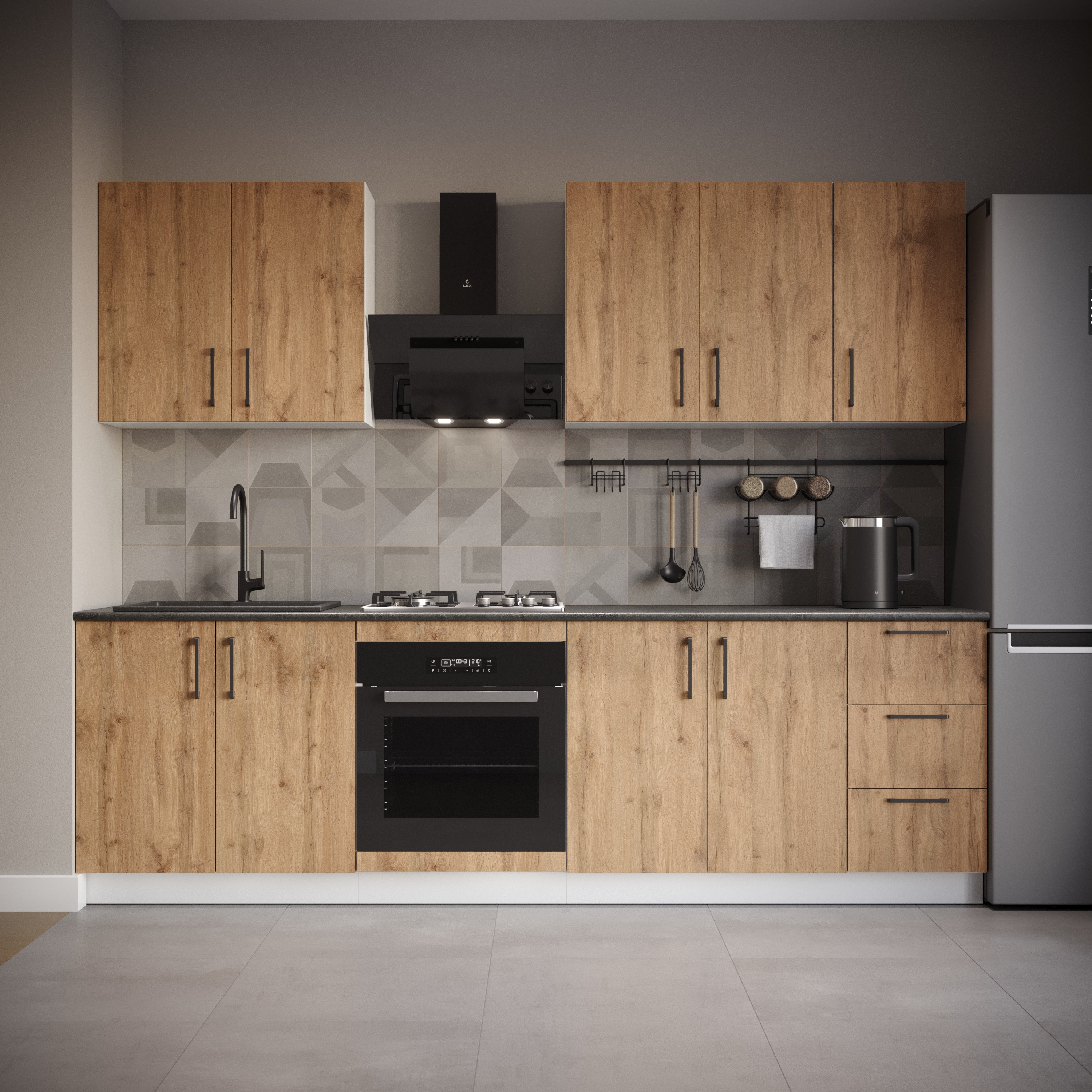 Кухонный гарнитур Domaci Болонья 260 см, фасад дуб вотан, ручка черная, столешница луна KUH-1008795