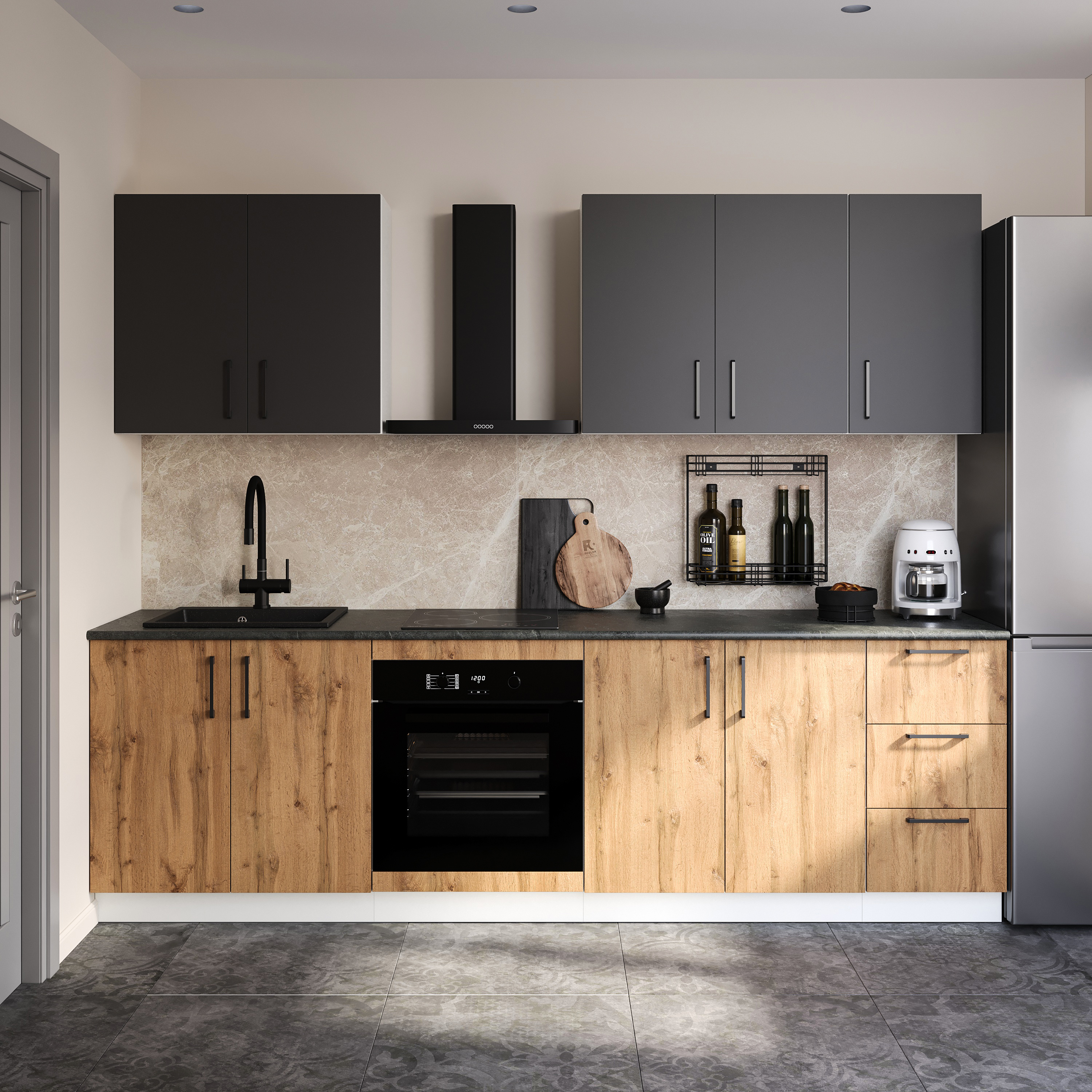 Кухонный гарнитур Domaci Болонья 260 см, фасад дуб вотан, графит, ручка черная, столешница луна KUH-1008798