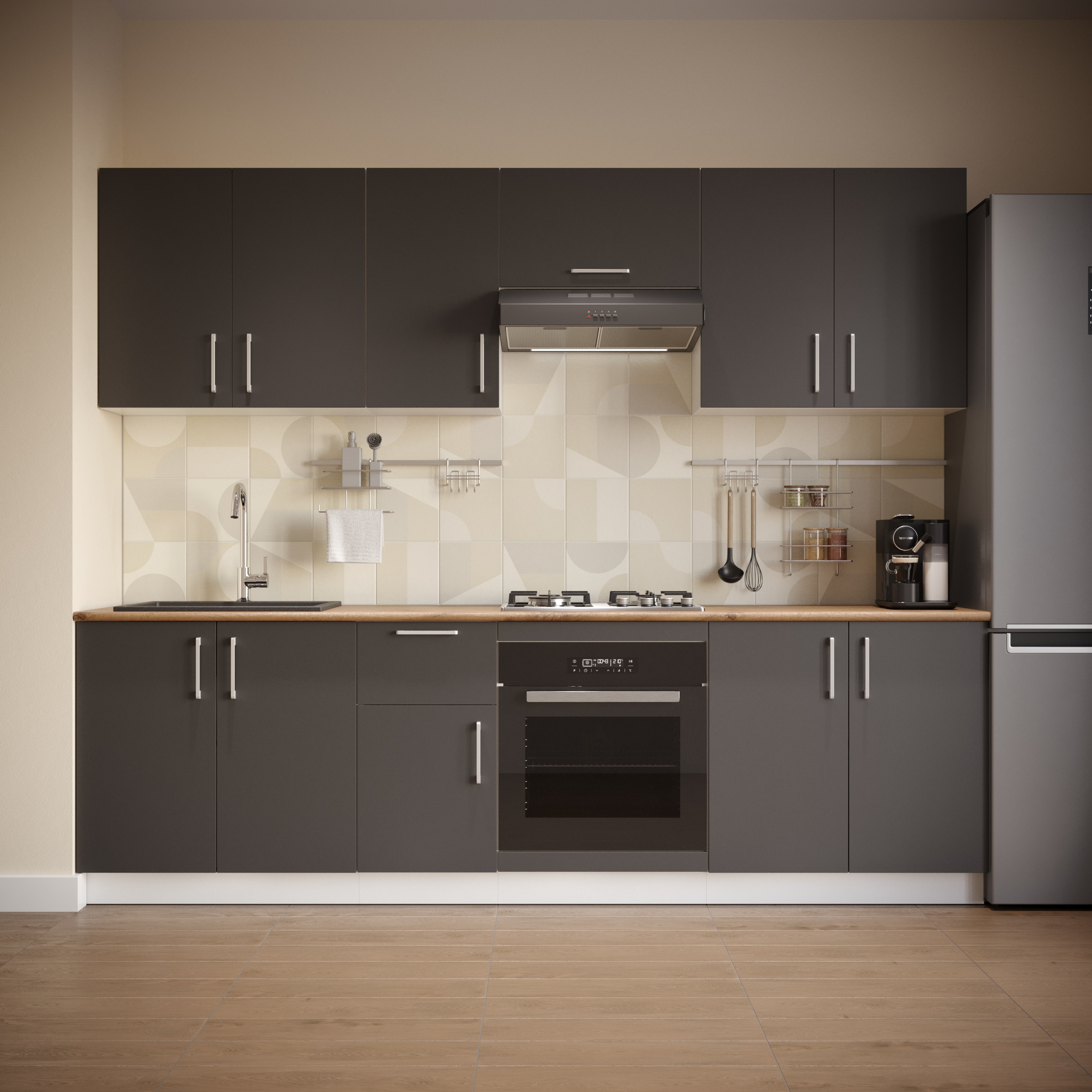 Кухонный гарнитур Domaci Болонья 260 см, фасад графит, ручка хром, столешница дуб вотан KUH-1008801