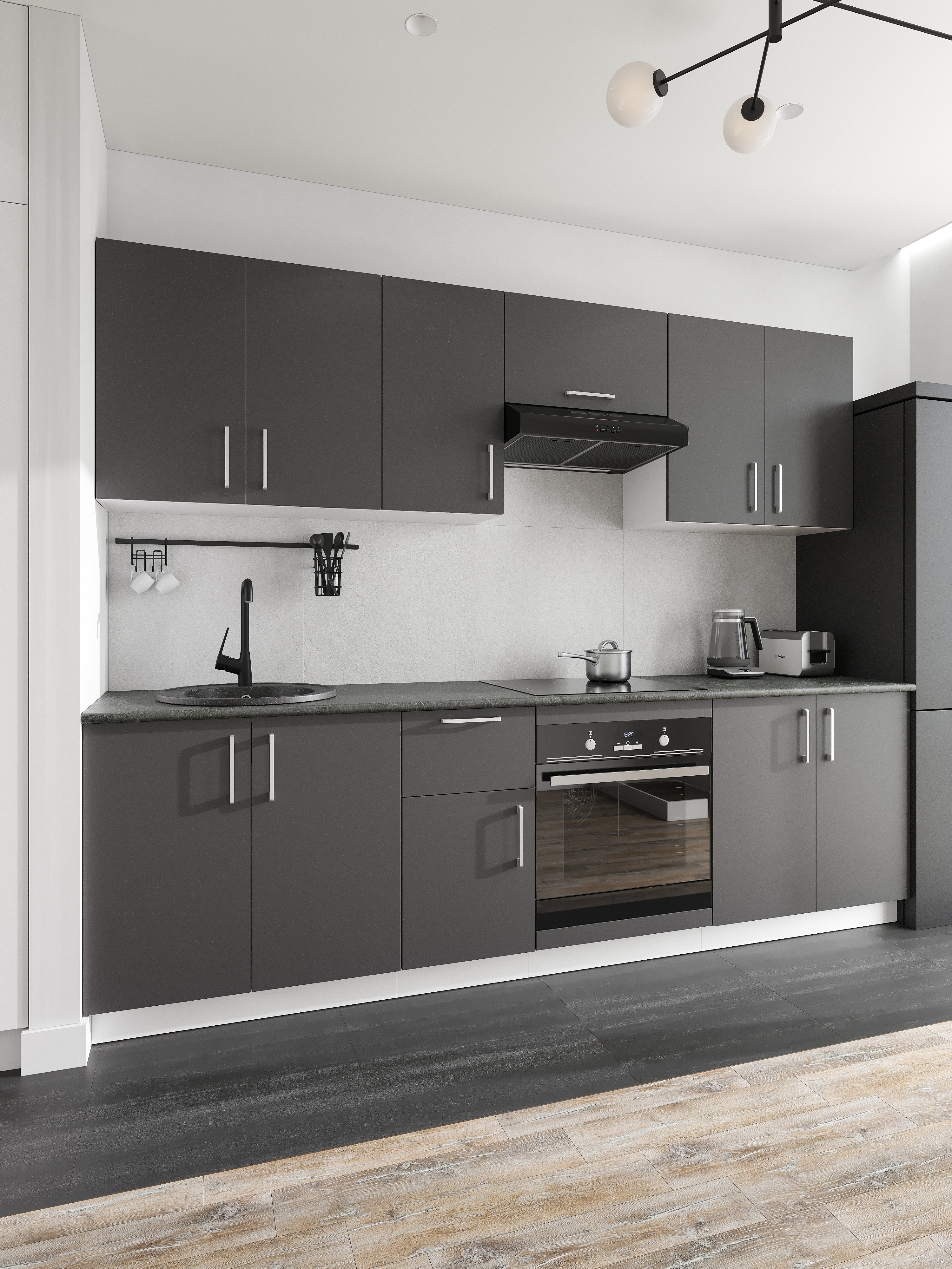 Кухонный гарнитур Domaci Болонья 260 см, фасад графит, ручка хром, столешница луна KUH-1008802