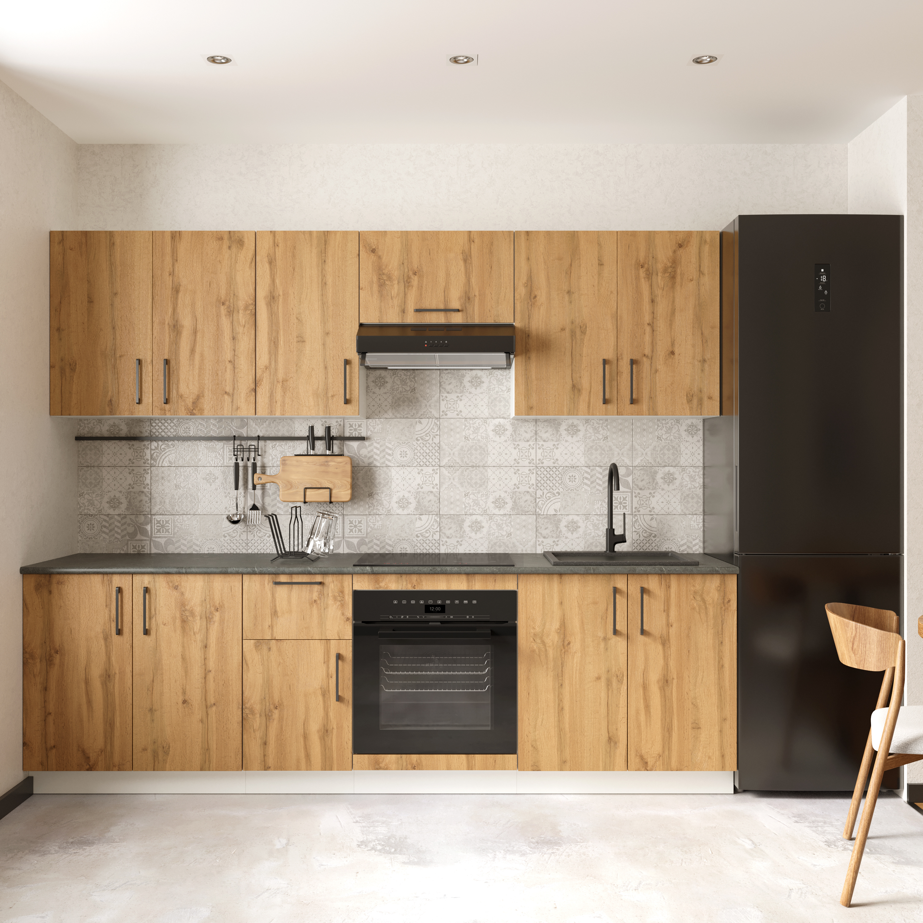 Кухонный гарнитур Domaci Болонья 260 см, фасад дуб вотан, ручка черная, столешница луна KUH-1008803