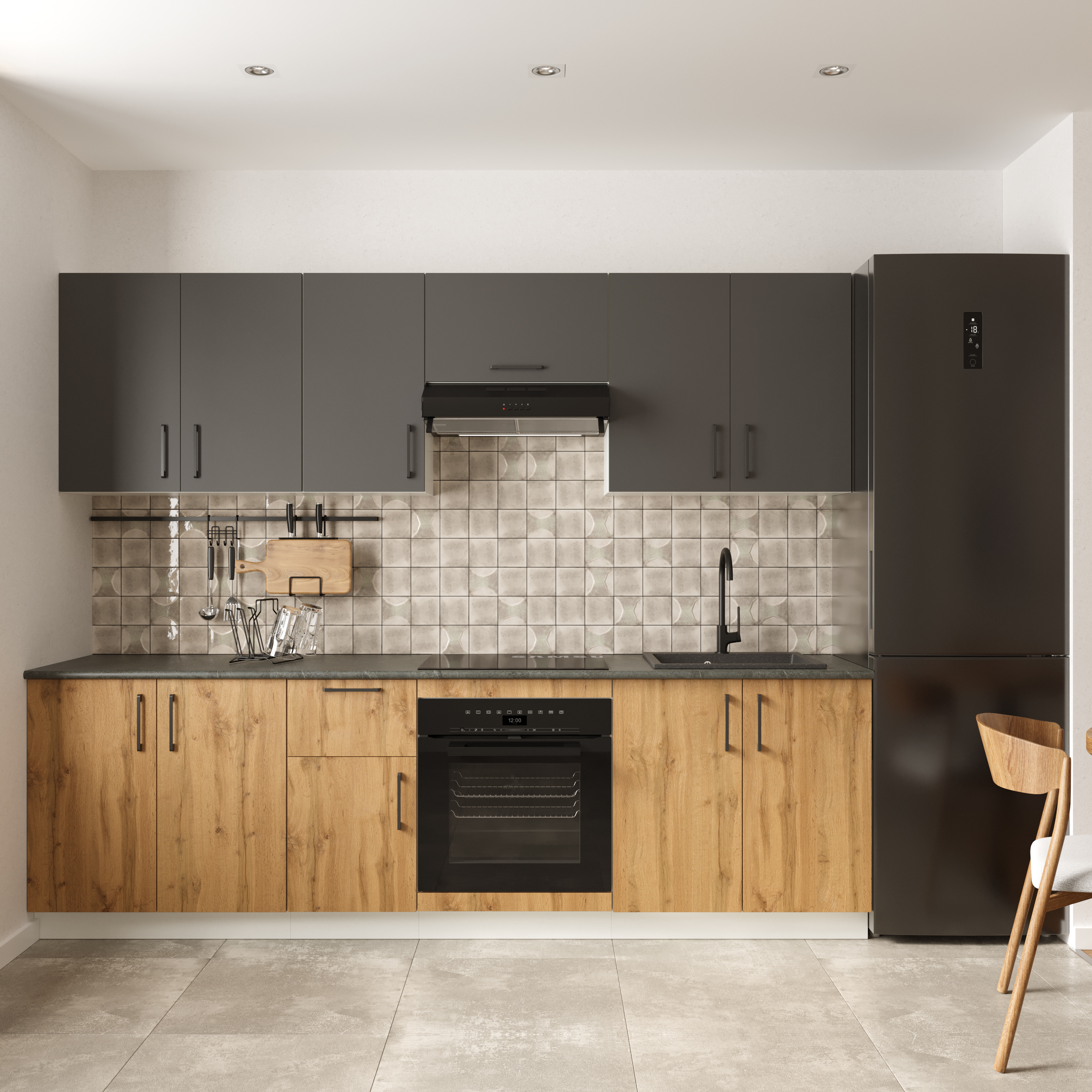 Кухонный гарнитур Domaci Болонья 260 см, фасад дуб вотан, графит, ручка черная, столешница луна KUH-1008806
