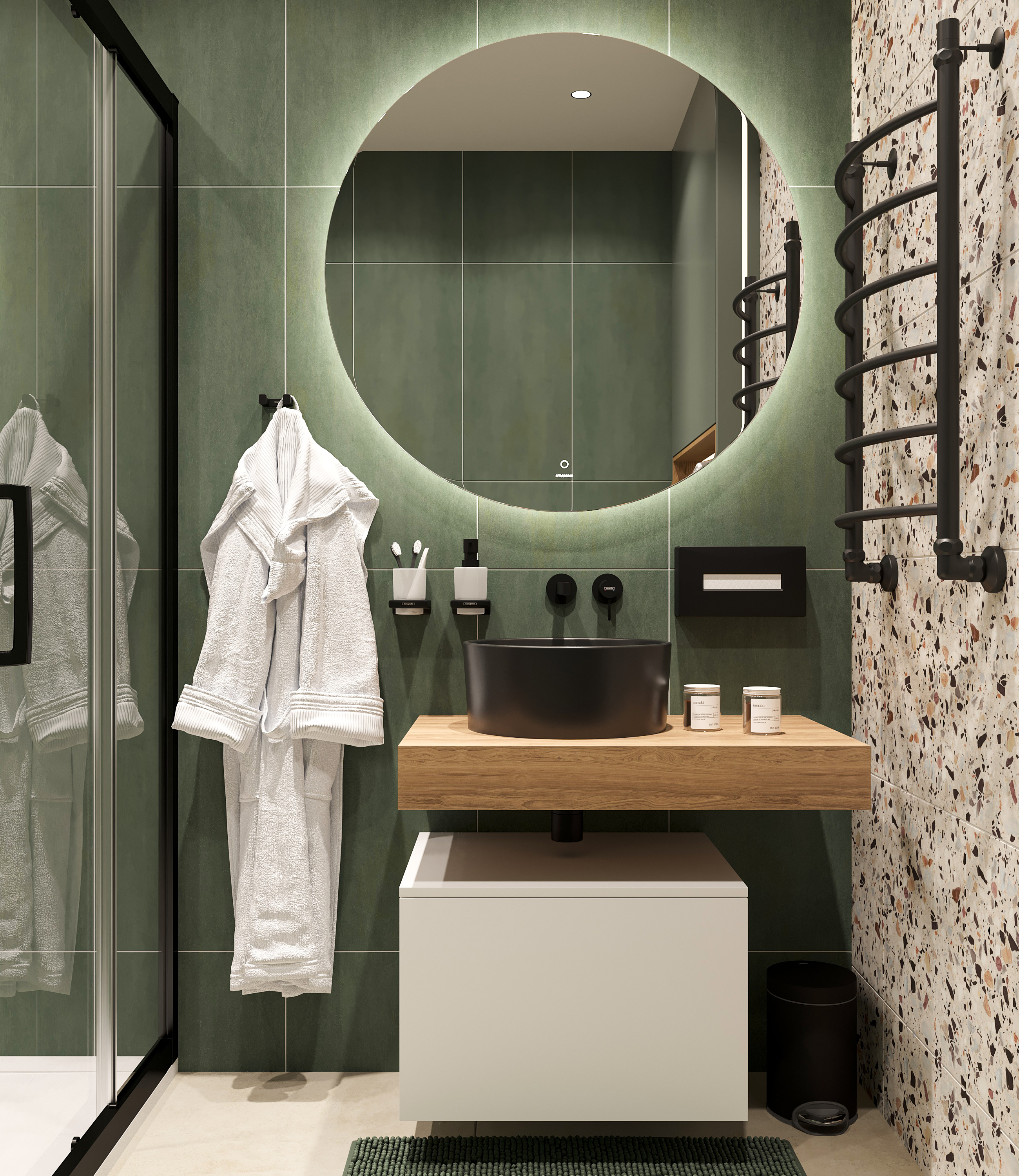 Мебель для ванной комнаты STWORKI Ольборг 80 столешница дуб французский, без отверстий, с тумбой 50 и черной раковиной