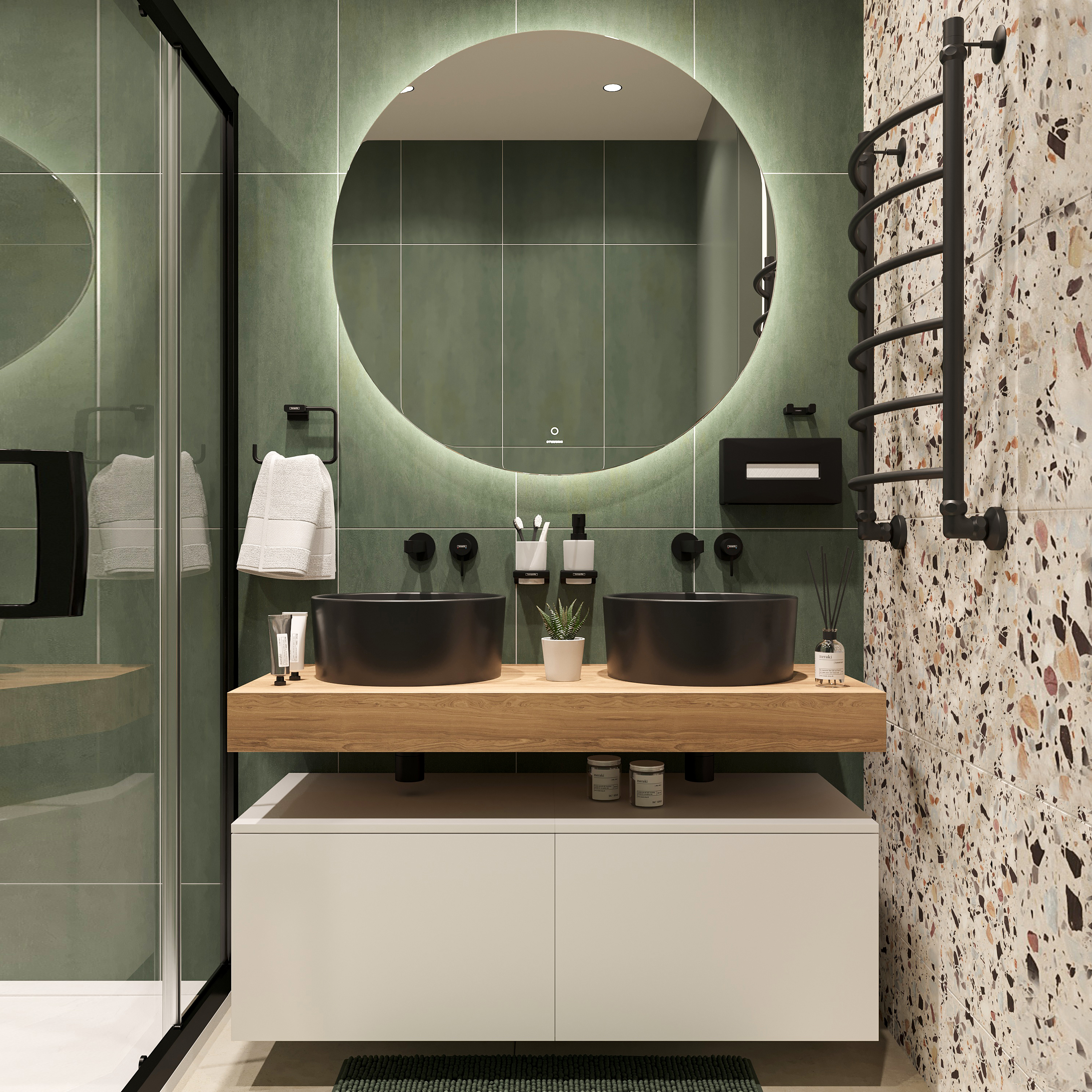 Мебель для ванной комнаты STWORKI Ольборг 120 столешница дуб французский, без отверстий, 2 тумбы 60 + 2 раковины, черные