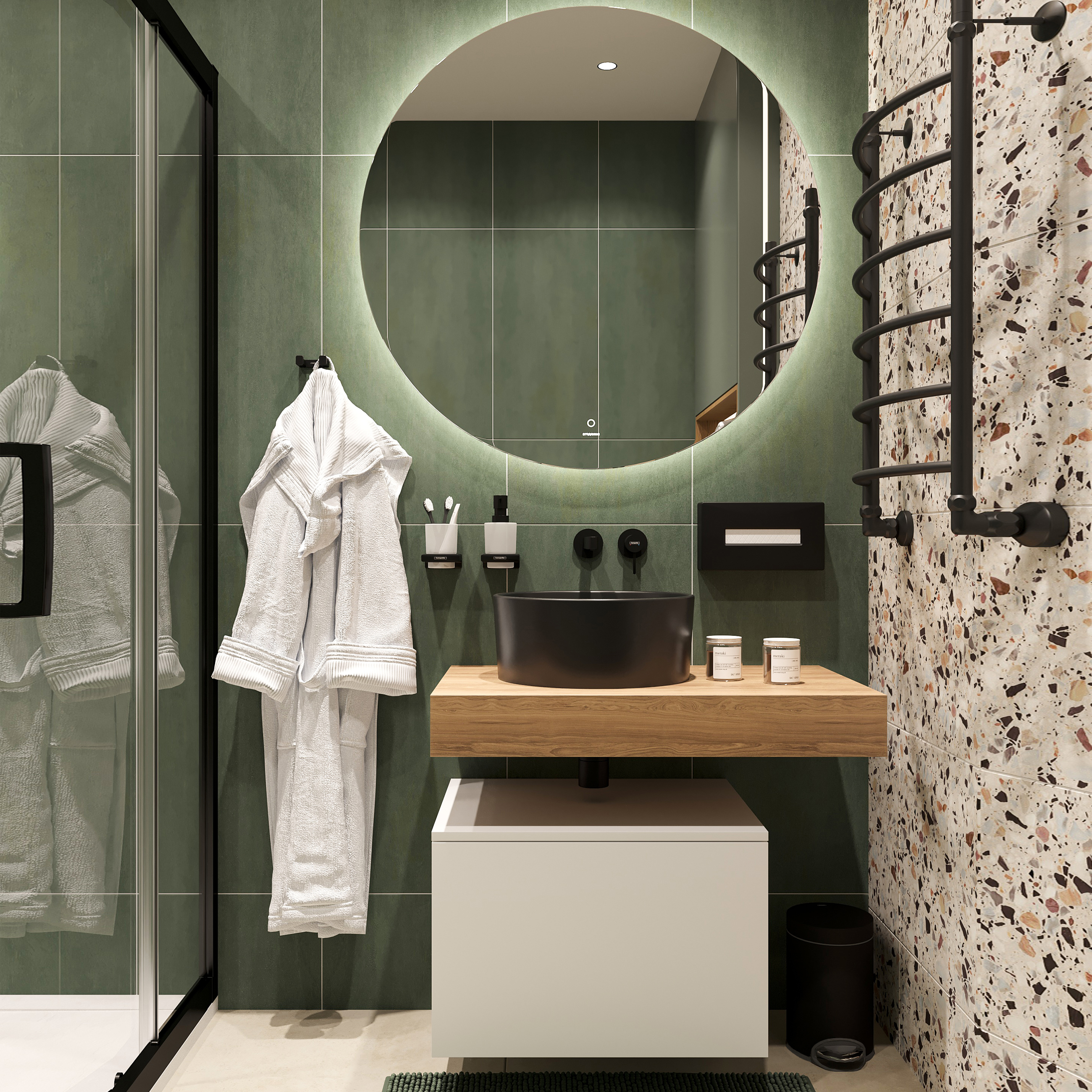 Мебель для ванной комнаты STWORKI Ольборг 80 столешница дуб французский, без отверстий, с тумбой 60 и черной раковиной