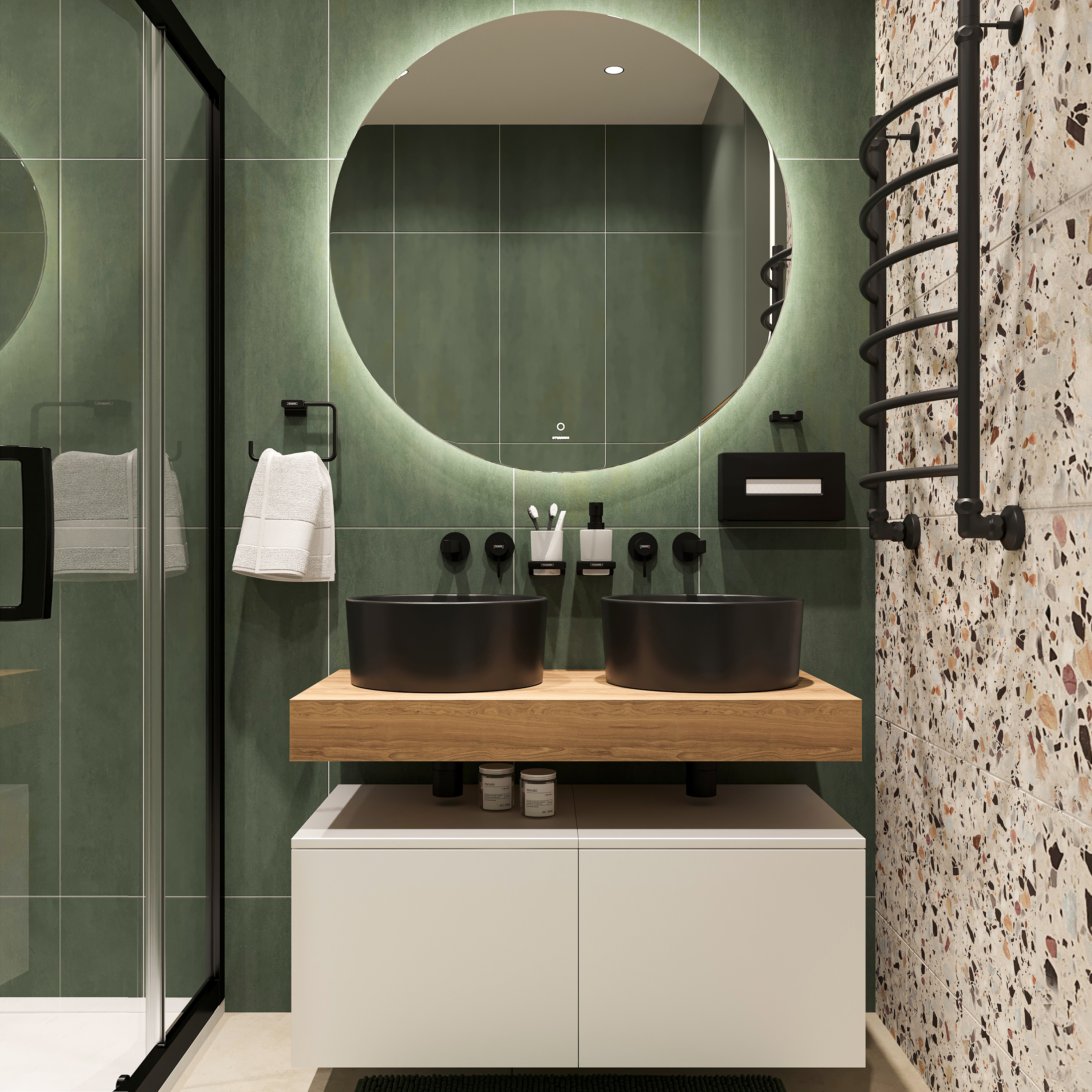 Мебель для ванной комнаты STWORKI Ольборг 100 столешница дуб французский, без отверстий, 2 тумбы 50 + 2 черные раковины