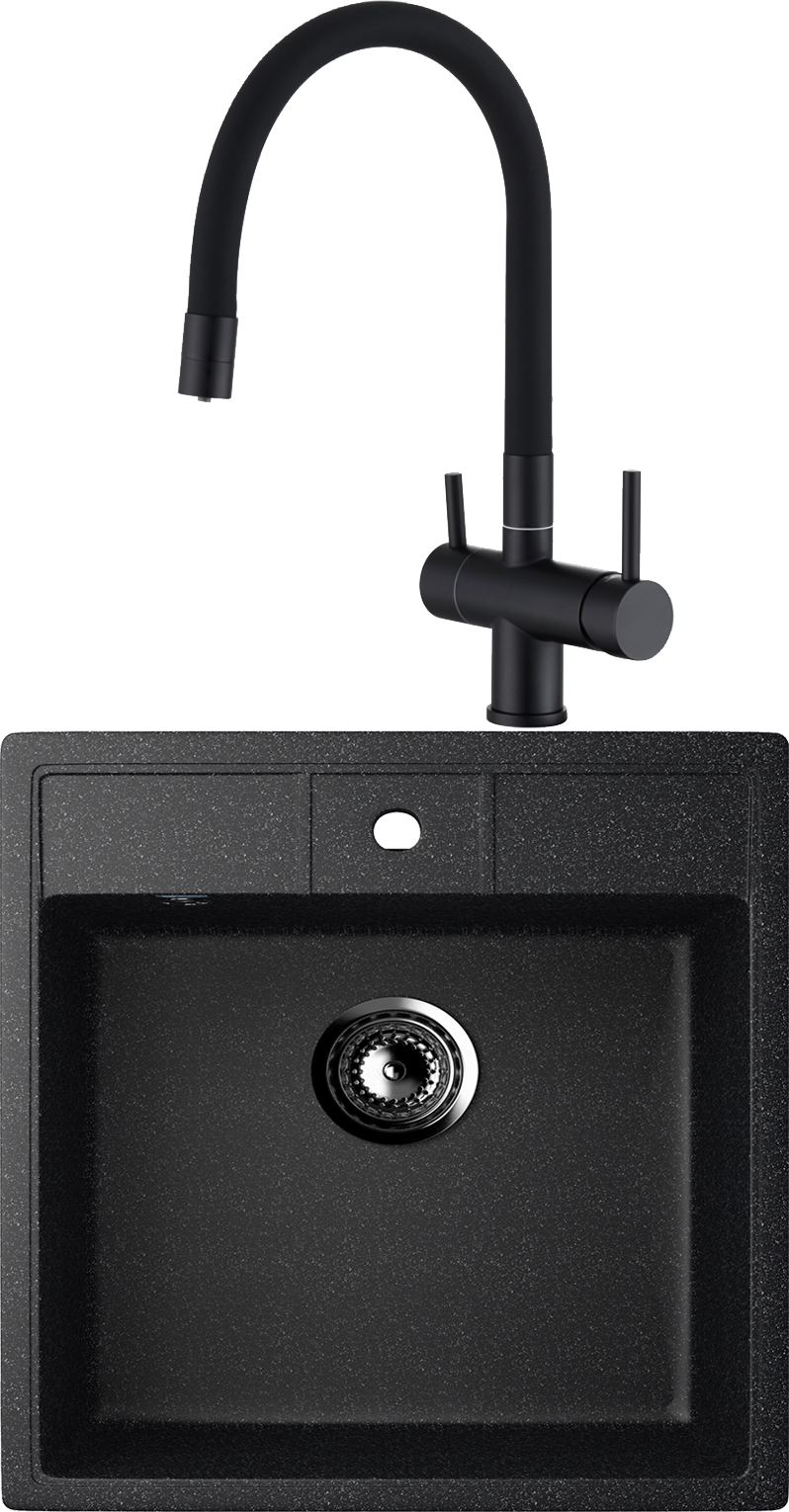 Комплект Мойка Ulgran U-406 -308, черная + Смеситель Domaci Равенна DCB 3015, черный, с гибким изливом