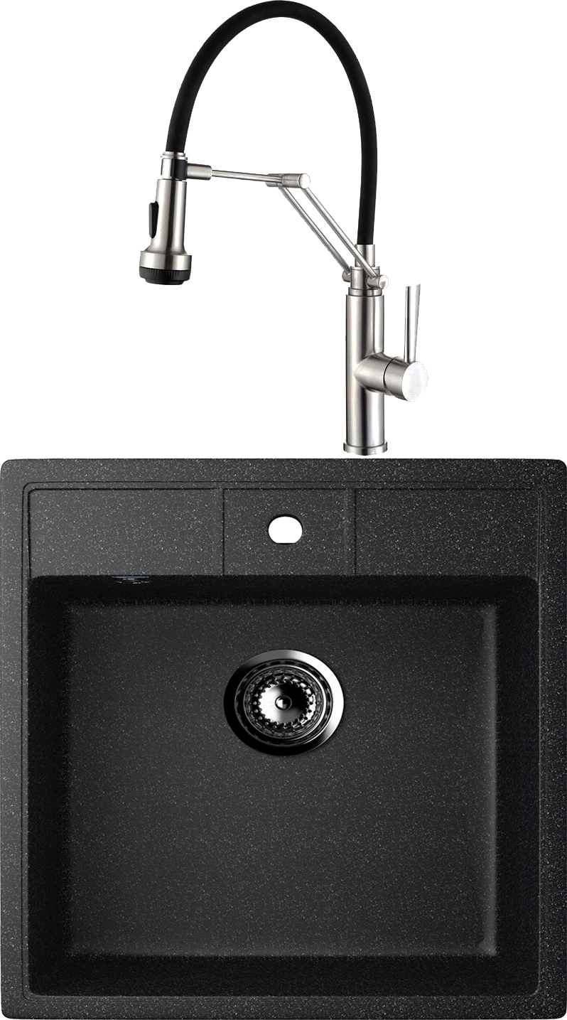 Комплект Мойка Ulgran U-406 -308, черная + Смеситель Domaci Равенна DCB 7012, сатин, с гибким изливом