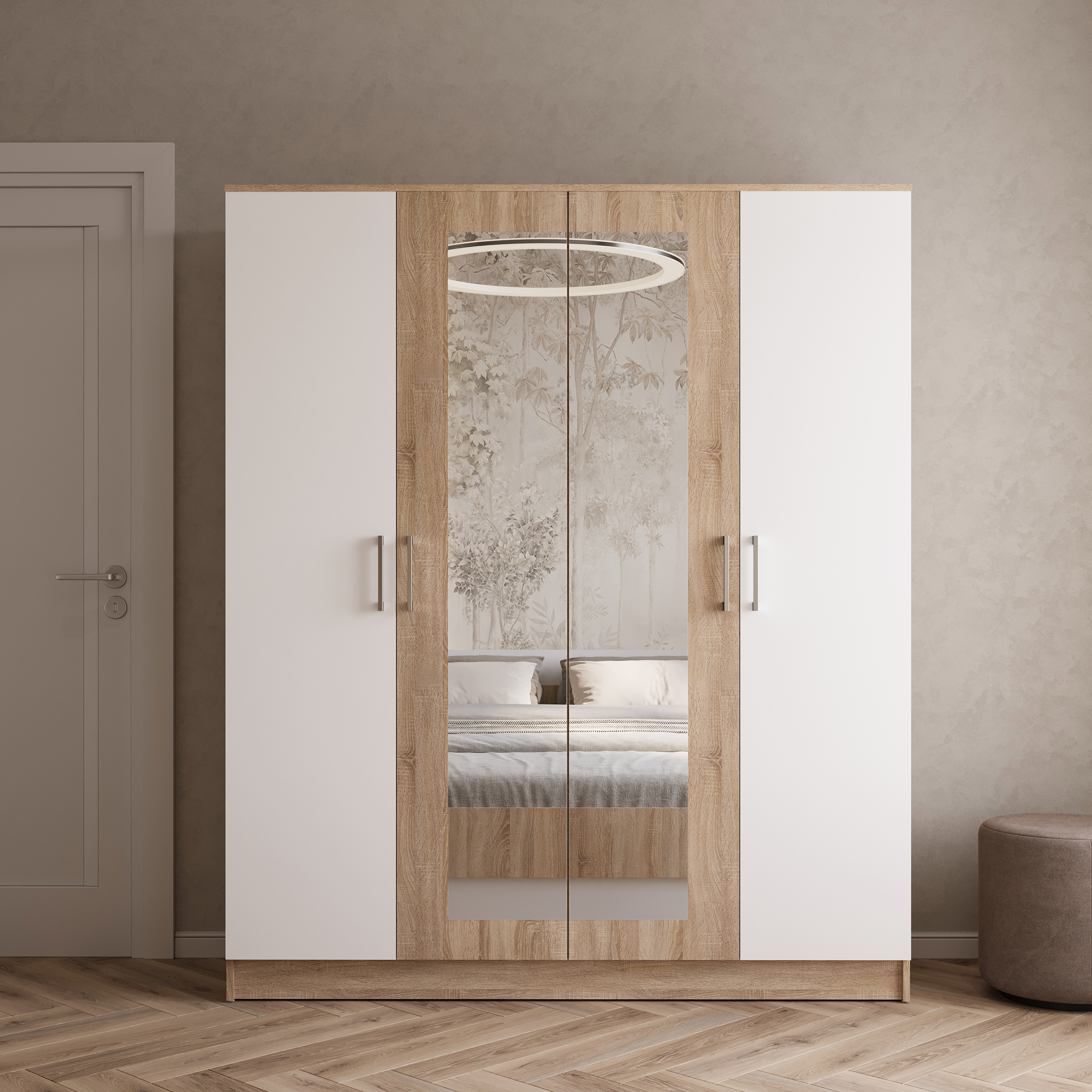 Шкаф для одежды DIWO Коломна четырехдверный, с зеркалом, дуб сонома