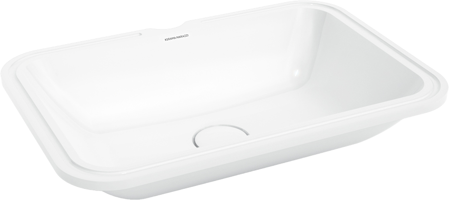 Мебельная раковина KERAMA MARAZZI Plaza 55 встраиваемая снизу, глянцевая белая, без отверстий, прямоугольная, фаянс