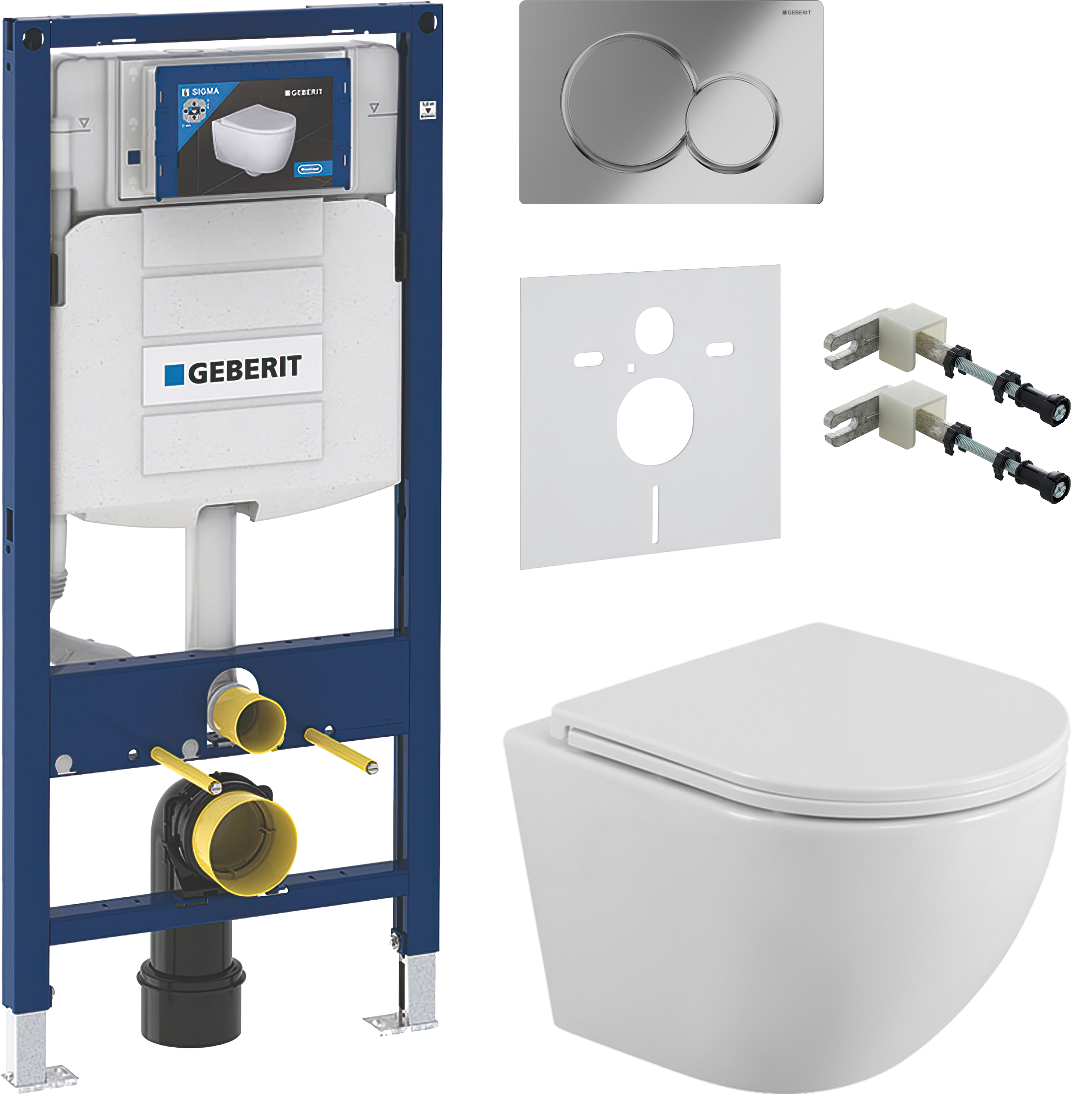 Комплект 5 в 1 Унитаз подвесной BelBagno Uno BB3105CHR/SC + Крепления Geberit Duofix 111.815.00.1, к стене + Звукоизоляция 156.050.00.1 + Инсталляция UP 320 111.300.00.5 (111.950.00.6) + Кнопка Sigma 01 115.770.21.5 цвет глянцевый хром