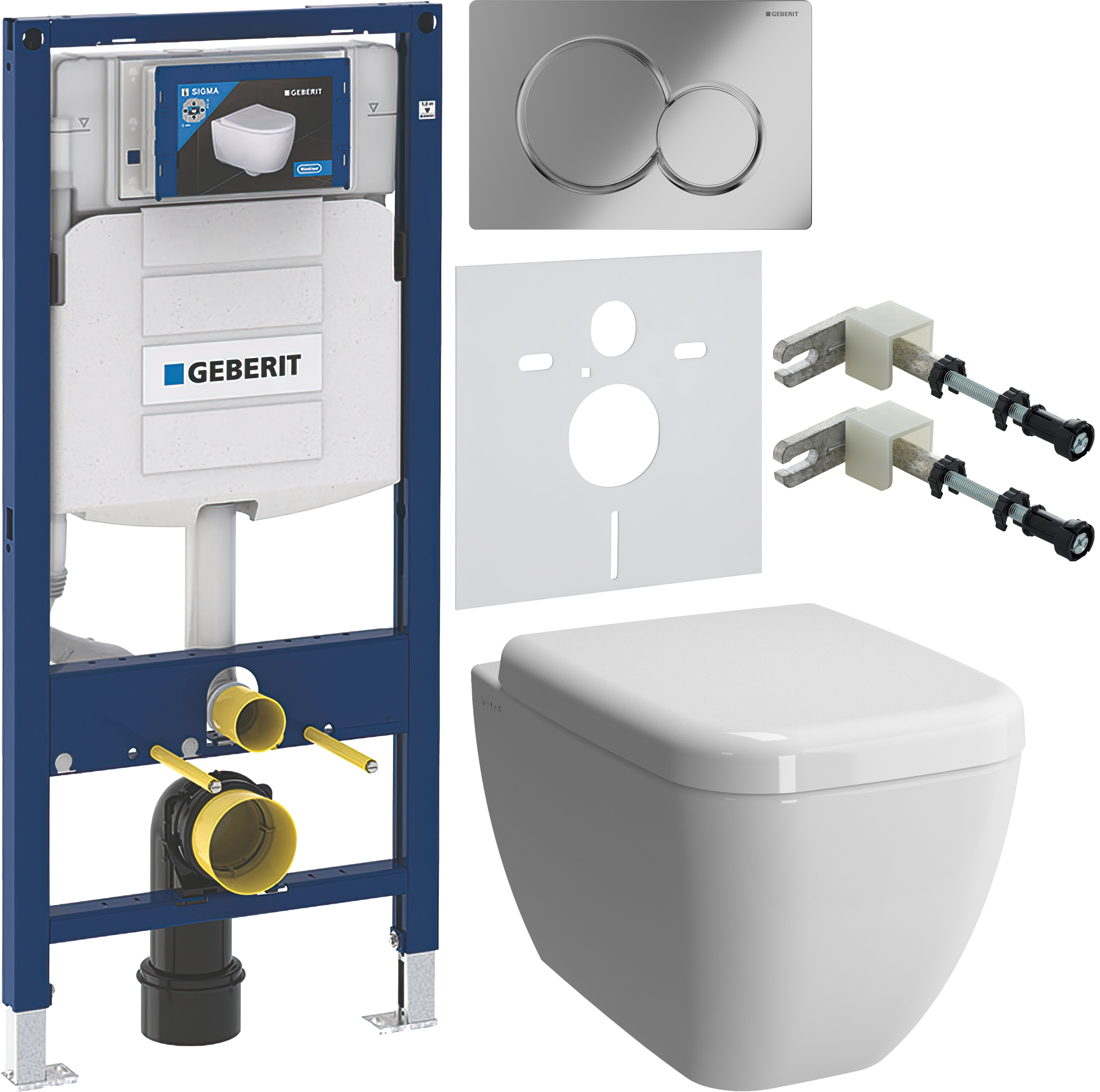 Комплект 6 в 1 Унитаз подвесной VitrA Shift 7742B003-0075 белая глянцевая + Сиденье 91-003-009 с микролифтом, петли хром + Крепления Geberit Duofix 111.815.00.1 к стене + Звукоизоляция 156.050.00.1 + Инсталляция UP 320 111.300.00.5 (111.950.00.6) + Кнопка