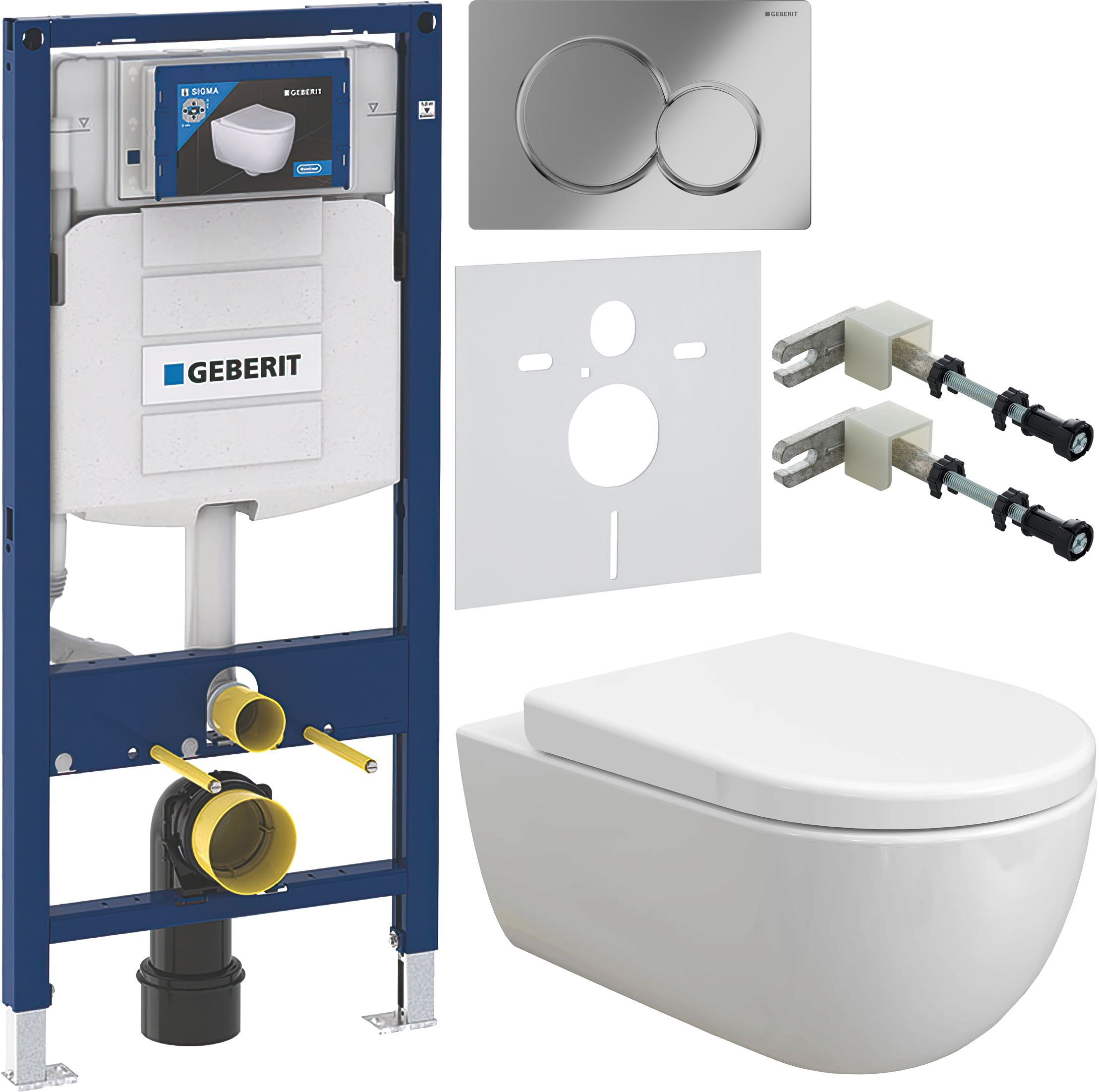 Комплект 6 в 1 Унитаз подвесной BOCCHI V-Tondo 1416-001-0129 белый глянцевый + Сиденье A0302-001 с микролифтом, глянцевая белая + Инсталляция Geberit Duofix UP 320 111.300.00.5 (111.950.00.6) + Кнопка Sigma 01 115.770.21.5 цвет глянцевый хром + Крепления