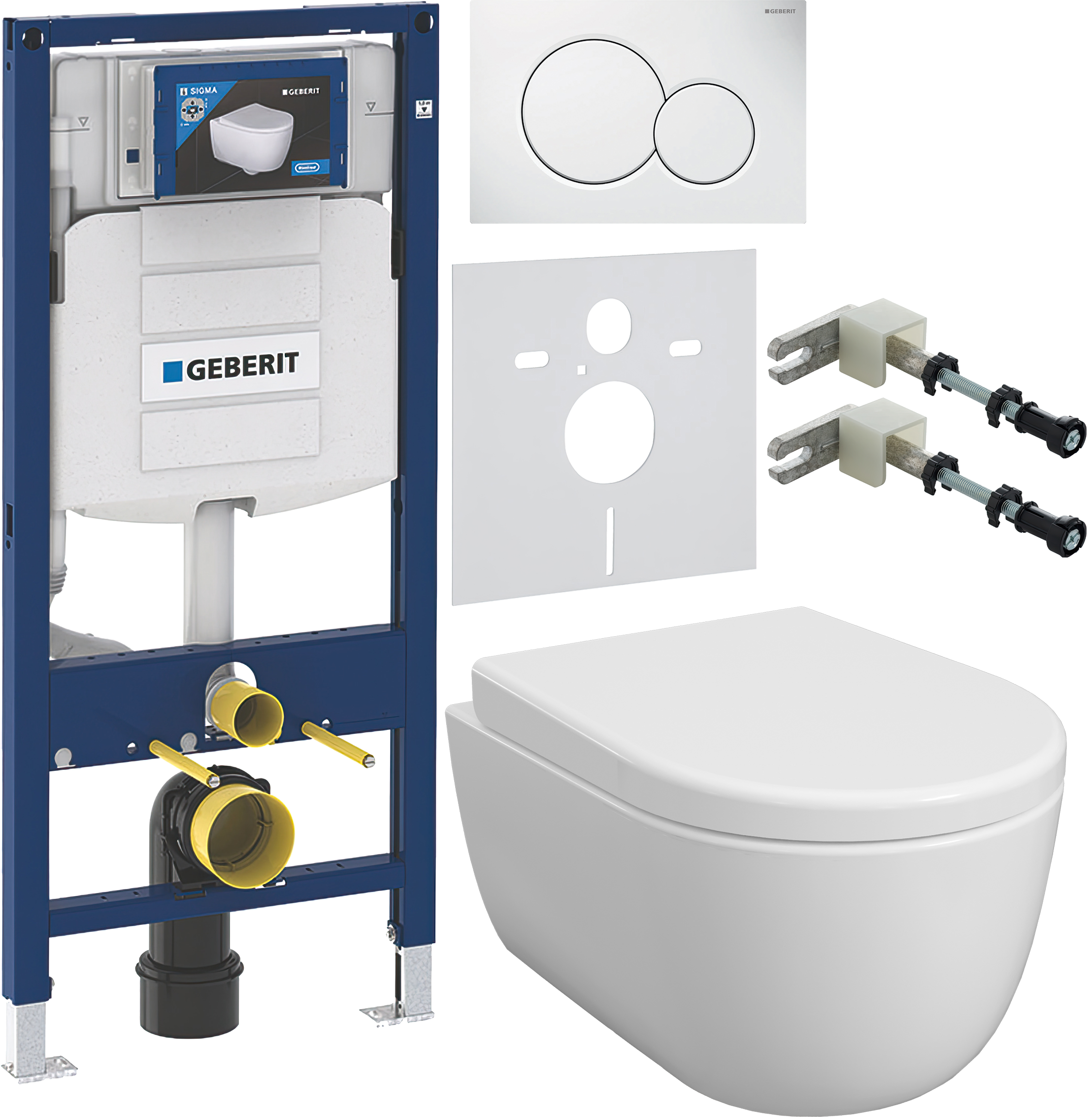 Комплект 6 в 1 Унитаз подвесной BOCCHI V-Tondo Rimless 1417-001-0129 белый глянцевый + Сиденье A0302-001 с микролифтом, глянцевая белая + Инсталляция Geberit Duofix UP 320 111.300.00.5 (111.950.00.6) + Кнопка Sigma 01 115.770.11.5 цвет белый + Крепления 1
