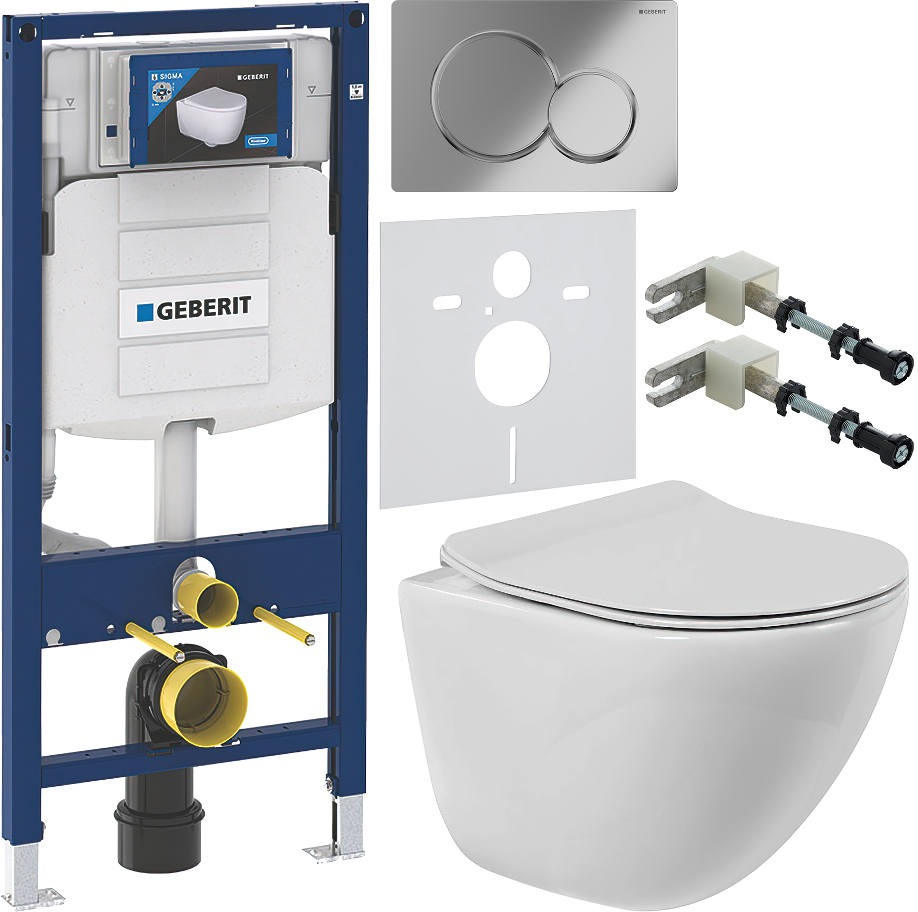 Комплект 6 в 1 Унитаз подвесной BelBagno Amanda BB051CHR безободковый + Сиденье BB2034SC с микролифтом + Инсталляция Geberit Duofix UP 320 111.300.00.5 (111.950.00.6) + Кнопка Sigma 01 115.770.21.5 цвет глянцевый хром + Крепления 111.815.00.1 к стене + Зв