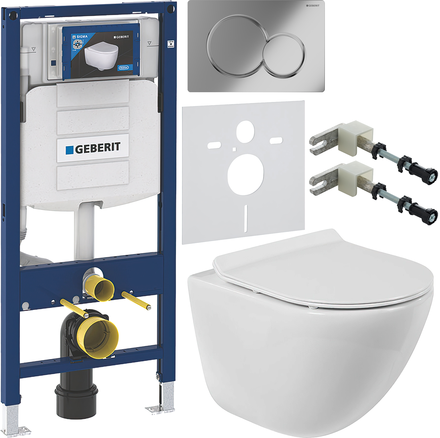 Комплект 6 в 1 Унитаз подвесной BelBagno Amanda BB051CHR безободковый + Сиденье Piano BB2111SC с микролифтом + Инсталляция Geberit Duofix UP 320 111.300.00.5 (111.950.00.6) + Кнопка Sigma 01 115.770.21.5 цвет глянцевый хром + Крепления 111.815.00.1 к стен