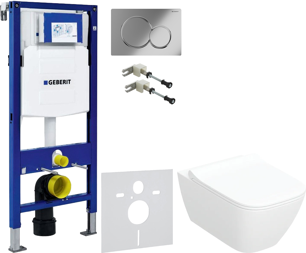 Комплект 5 в 1 Унитаз подвесной Geberit Smyle Square 500.685.01.1 + Крепления Duofix 111.815.00.1 к стене + Звукоизоляция 156.050.00.1 + Инсталляция UP 320 111.300.00.5 (111.950.00.6) + Кнопка Sigma 01 115.770.21.5 цвет глянцевый хром