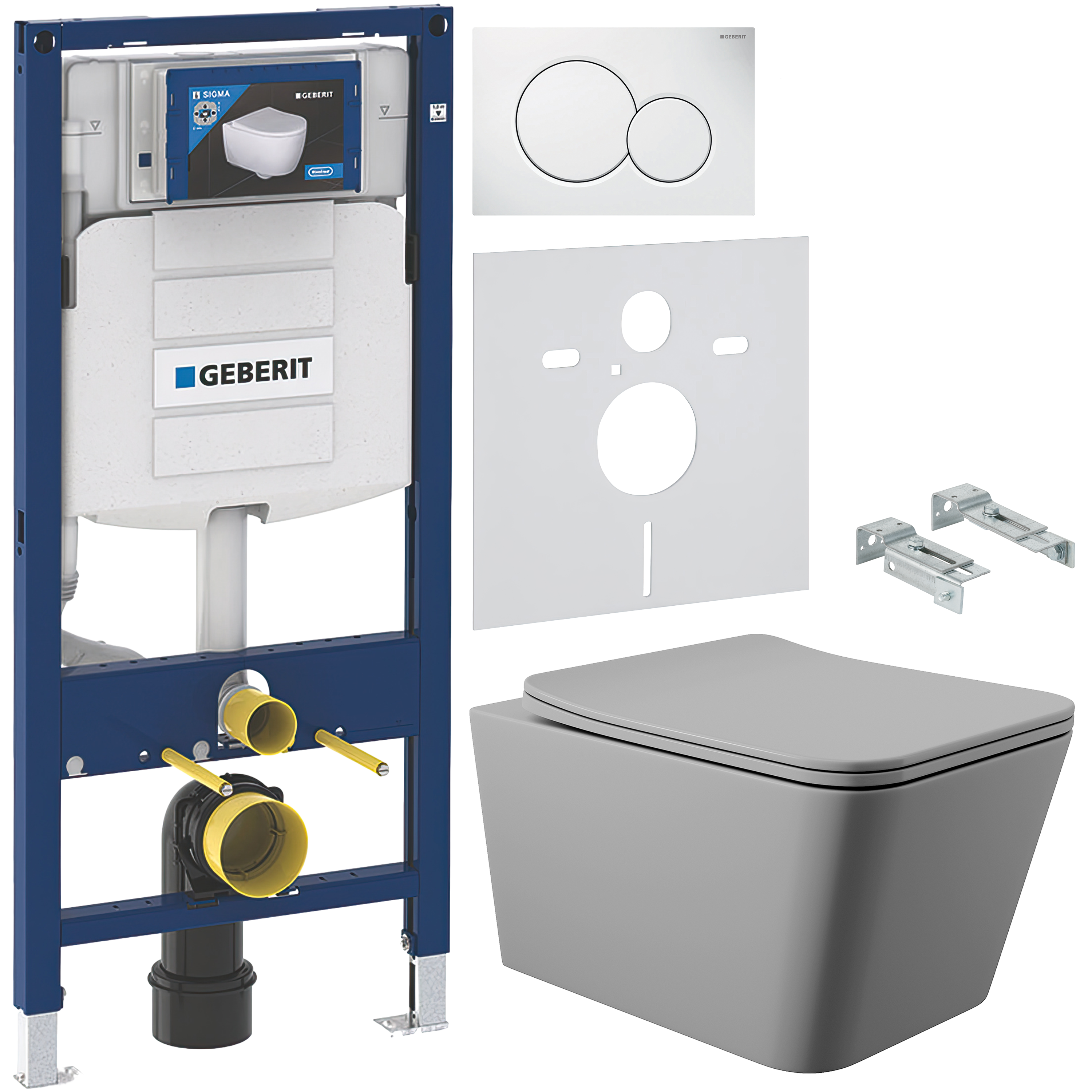 Комплект 5 в 1 Унитаз подвесной Aqueduto Macio MAC0130 + Крепления Geberit Duofix 111.815.00.1 + Инсталляция 111.300.00.5 + Кнопка Sigma 01 115.770.11.5 + Звукоизоляция 156.050.00.1