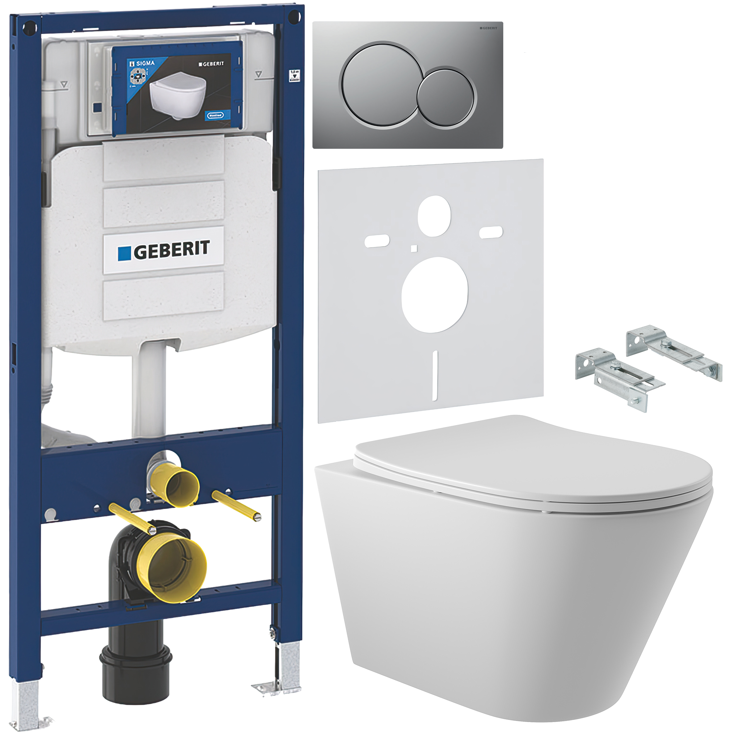 Комплект 5 в 1 Унитаз подвесной Aqueduto Cone CON0120 + Крепления Geberit Duofix 111.815.00.1 + Инсталляция 111.300.00.5 + Кнопка Sigma 01 115.770.JQ.5 + Звукоизоляция 156.050.00.1