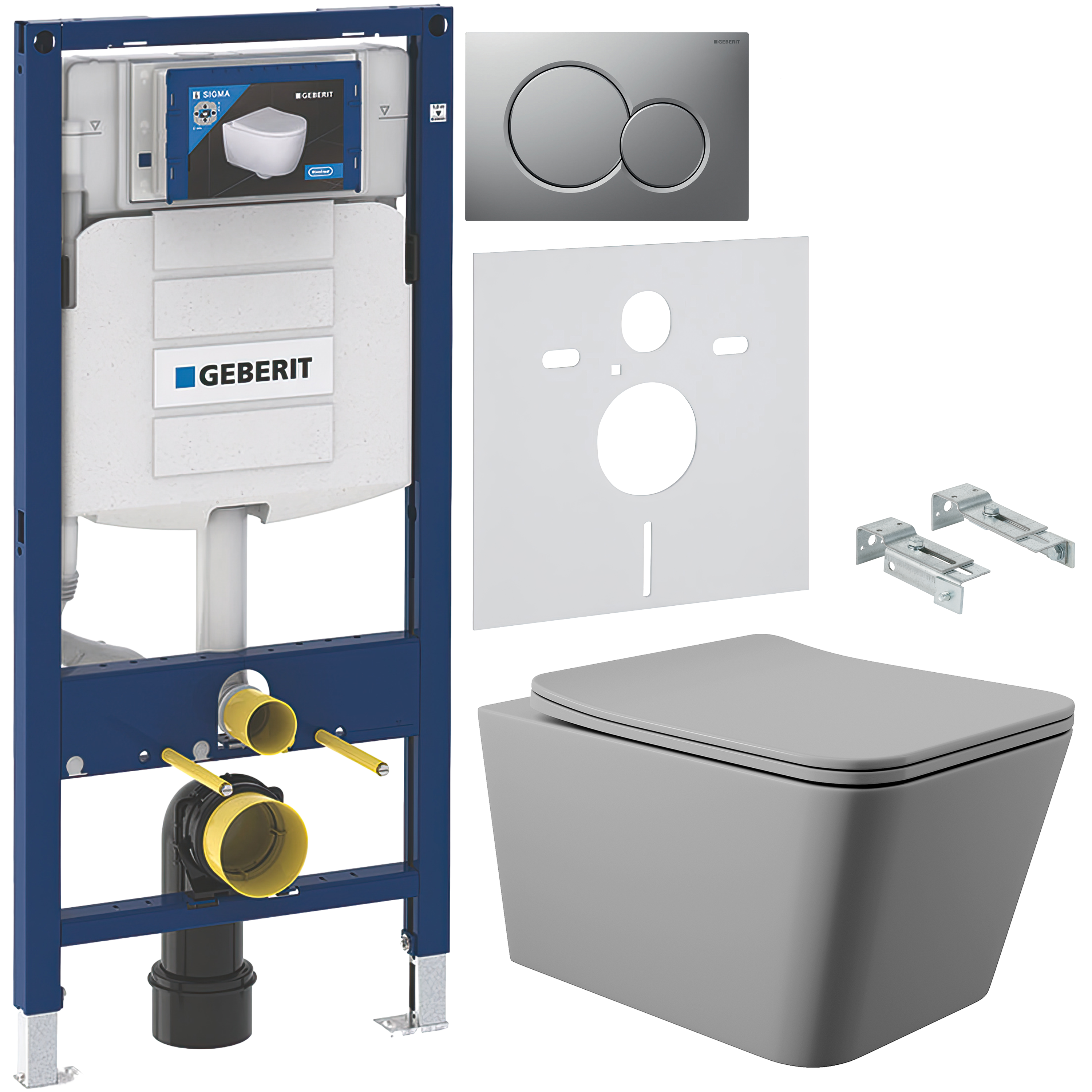 Комплект 5 в 1 Унитаз подвесной Aqueduto Macio MAC0130 + Крепления Geberit Duofix 111.815.00.1 + Инсталляция 111.300.00.5 + Кнопка Sigma 01 115.770.JQ.5 + Звукоизоляция 156.050.00.1