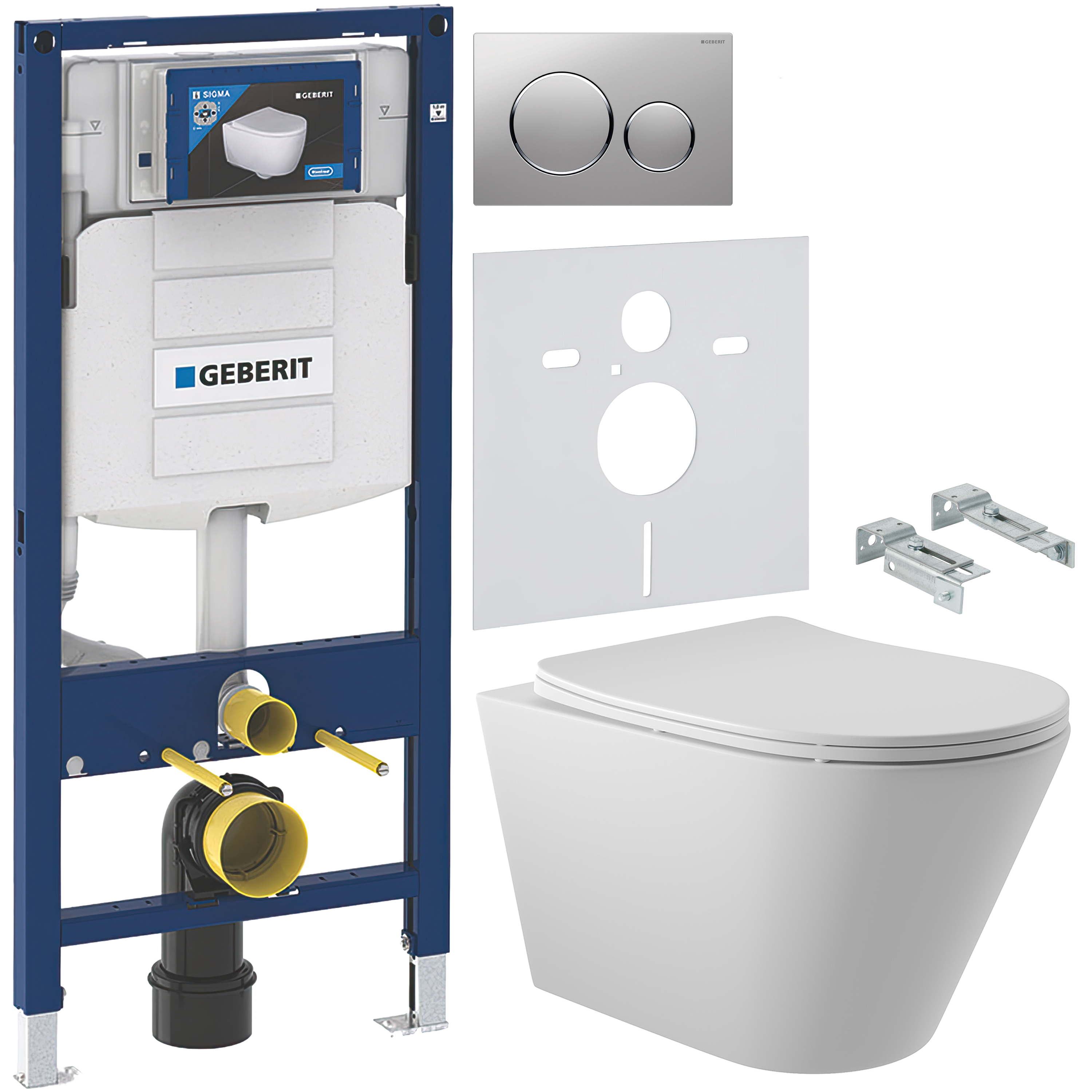 Комплект 5 в 1 Унитаз подвесной Aqueduto Cone CON0120 + Крепления Geberit Duofix 111.815.00.1 + Инсталляция 111.300.00.5 + Кнопка Sigma 20 115.882.JQ.1 + Звукоизоляция 156.050.00.1