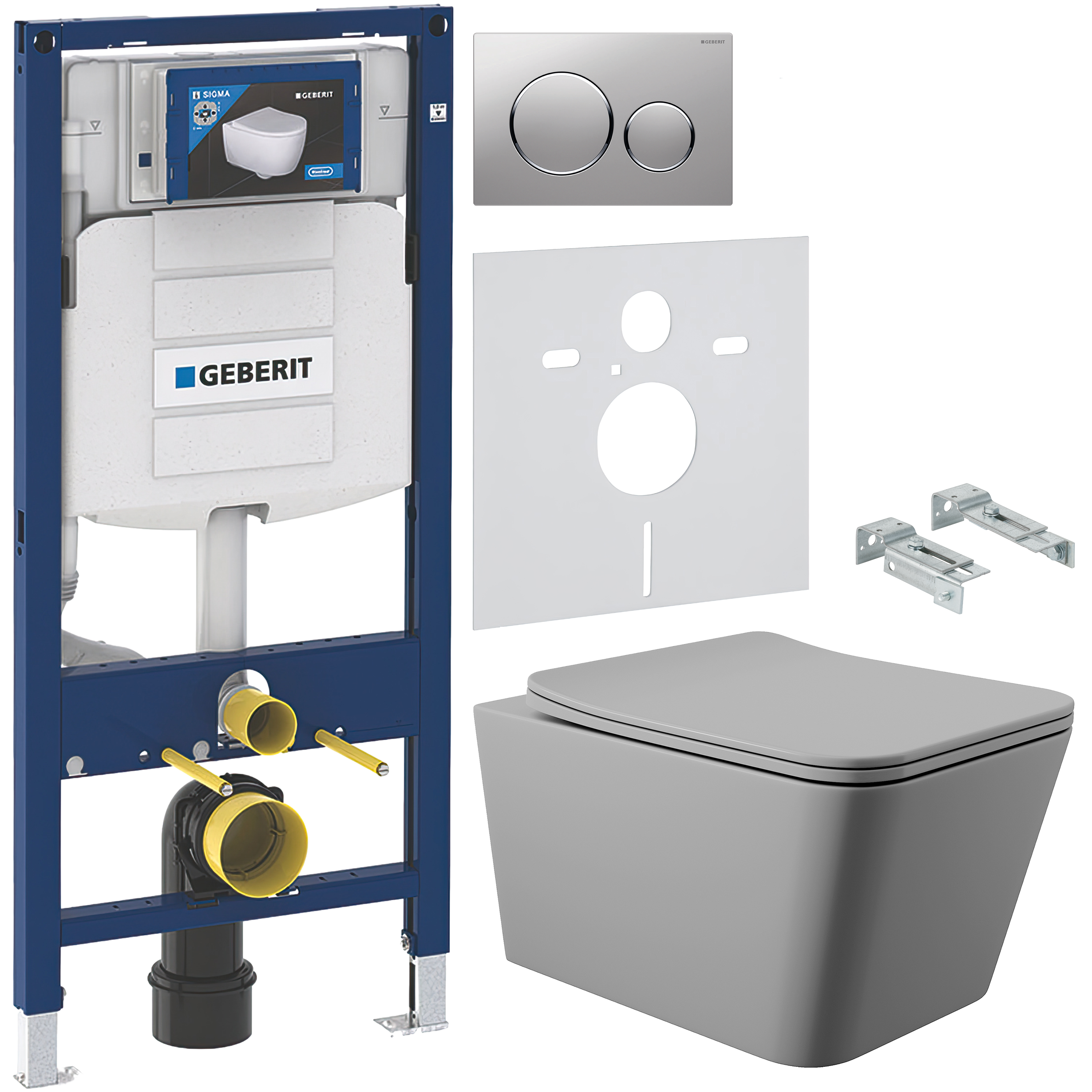 Комплект 5 в 1 Унитаз подвесной Aqueduto Macio MAC0130 + Крепления Geberit Duofix 111.815.00.1 + Инсталляция 111.300.00.5 + Кнопка Sigma 20 115.882.JQ.1 + Звукоизоляция 156.050.00.1