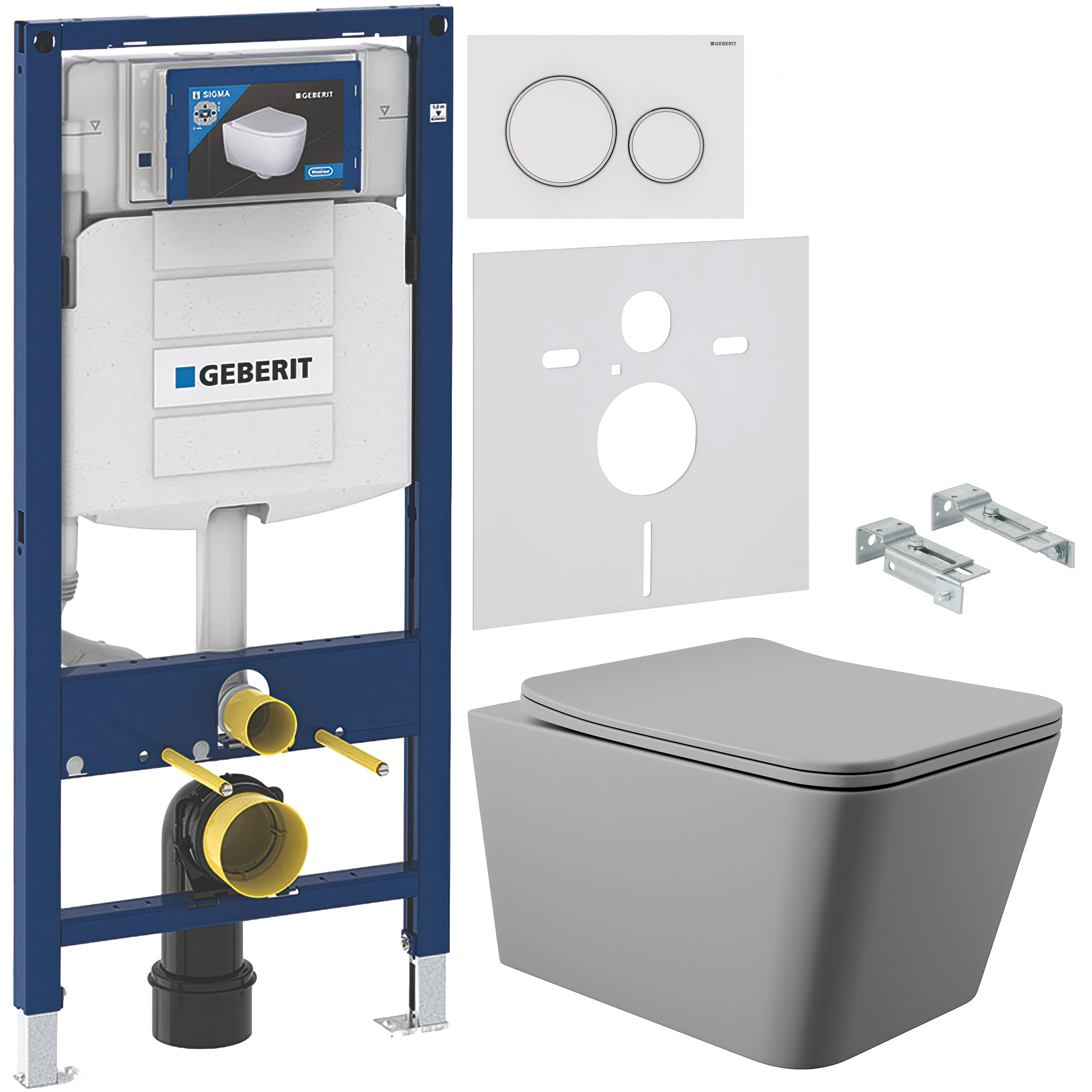Комплект 5 в 1 Унитаз подвесной Aqueduto Macio MAC0130 + Крепления Geberit Duofix 111.815.00.1 + Инсталляция 111.300.00.5 + Кнопка Sigma 20 115.882.11.1 + Звукоизоляция 156.050.00.1
