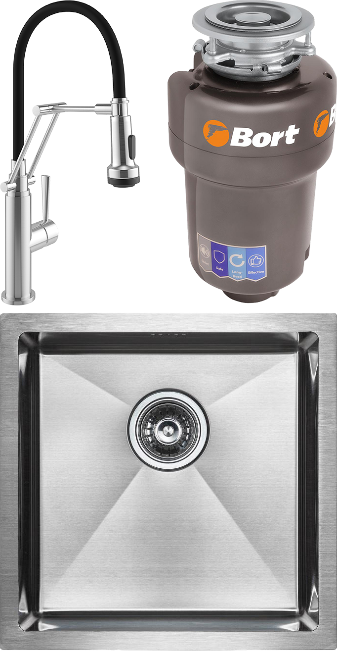 Комплект Мойка Paulmark Gerberg PM254444-BS + Смеситель Domaci Равенна DCB 7012 сатин + Измельчитель Bort Titan 93410266