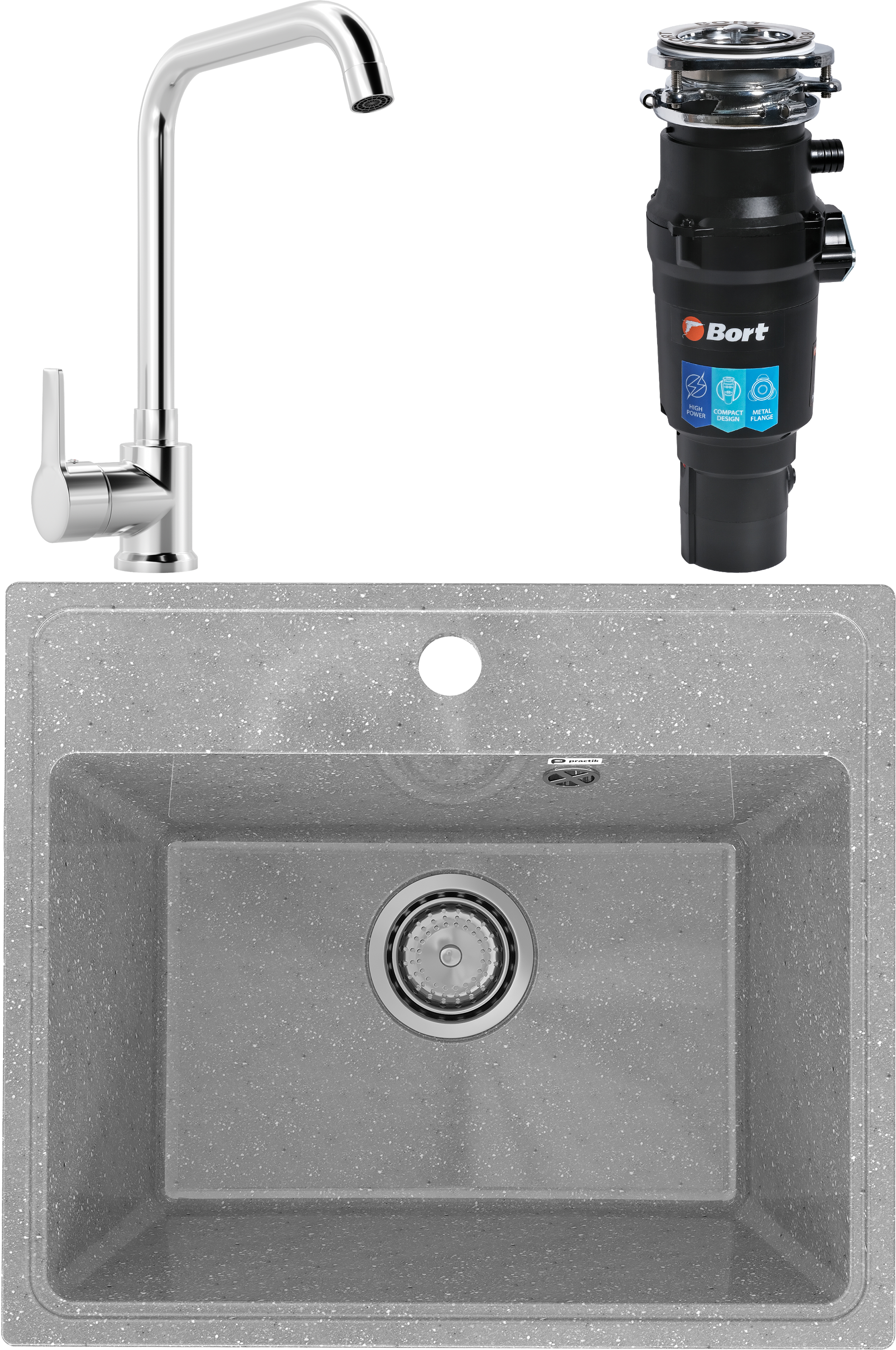 Комплект Мойка Practik PR-M 490-003 + Смеситель MEGA Ege MG-PL10 + Измельчитель Bort Titan 93413519