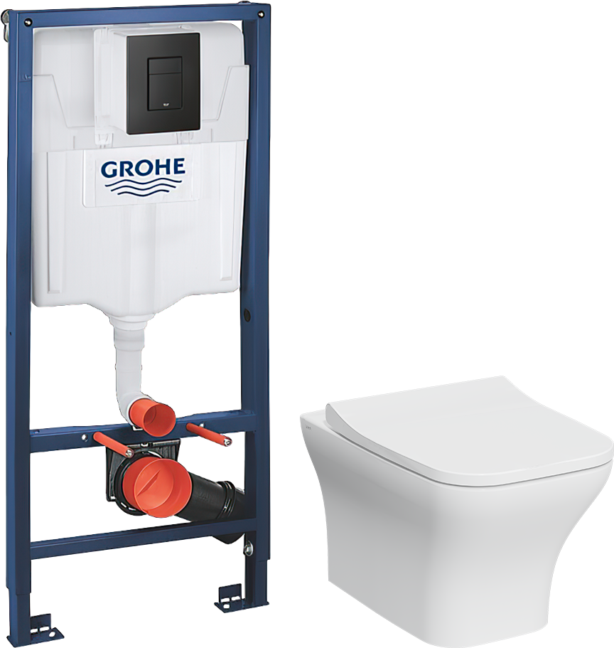 Комплект 3 в 1 Унитаз подвесной VitrA Zentrum Square 7484B003-0075 безободковый + Сиденье Integra Square 191-003-009 с микролифтом + Инсталляция с кнопкой Grohe Solido 38811KF0 цвет черный