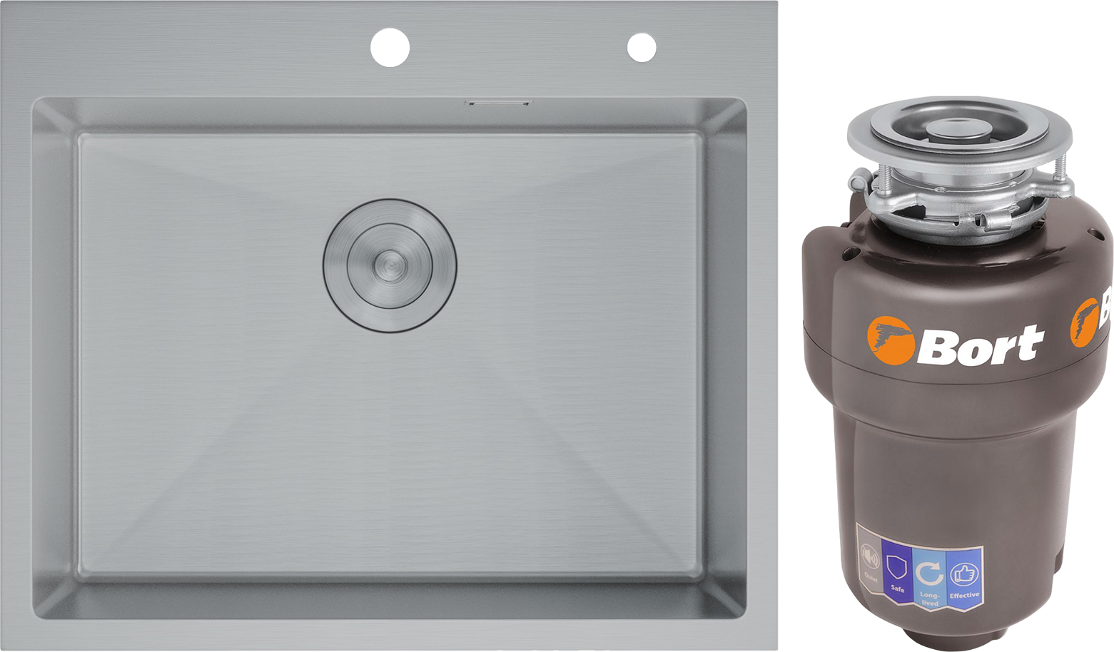 Комплект Мойка DQ DKS604504, сатин + Измельчитель Bort Titan 5000